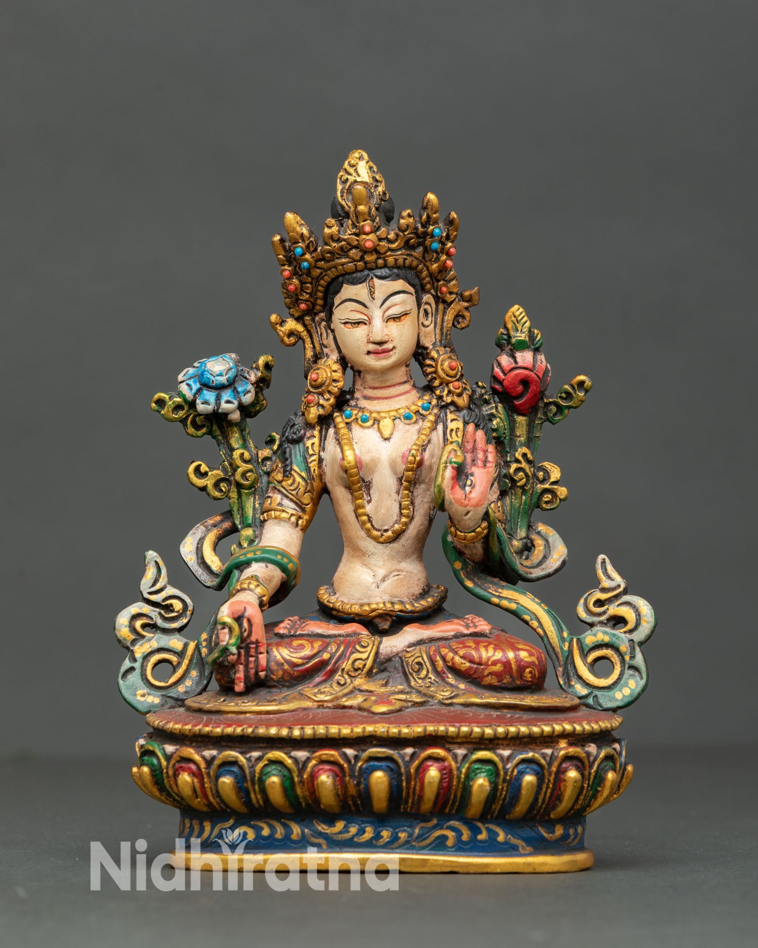 mini white tara statue front view with seven eyes and semi-precious stone details