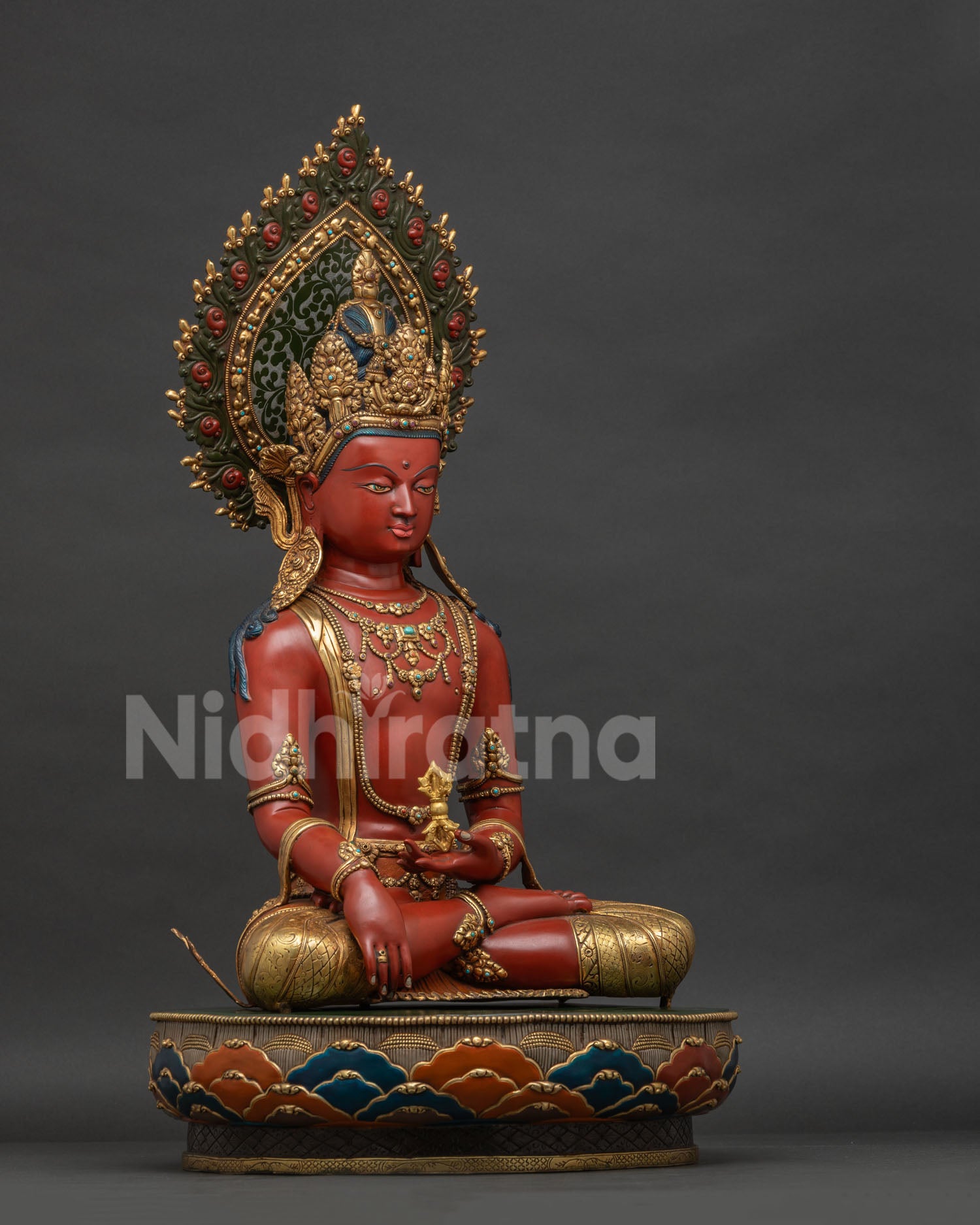 Mitrugpa Buddha right view side showing traditional Nepali sculpture and sacred details
