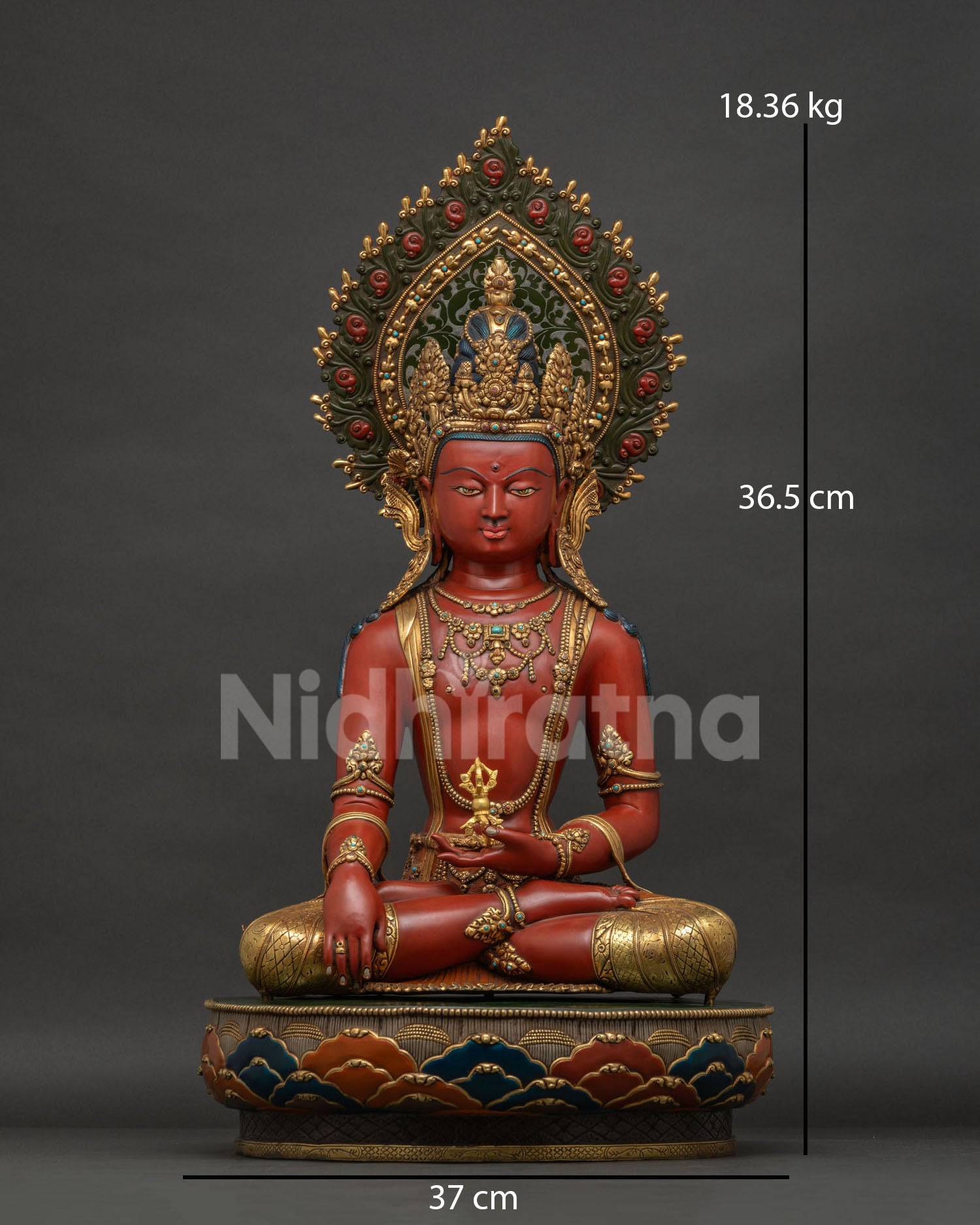Mitrugpa Buddha statue from Nepal front view with 24K gold gilding and gemstone details
