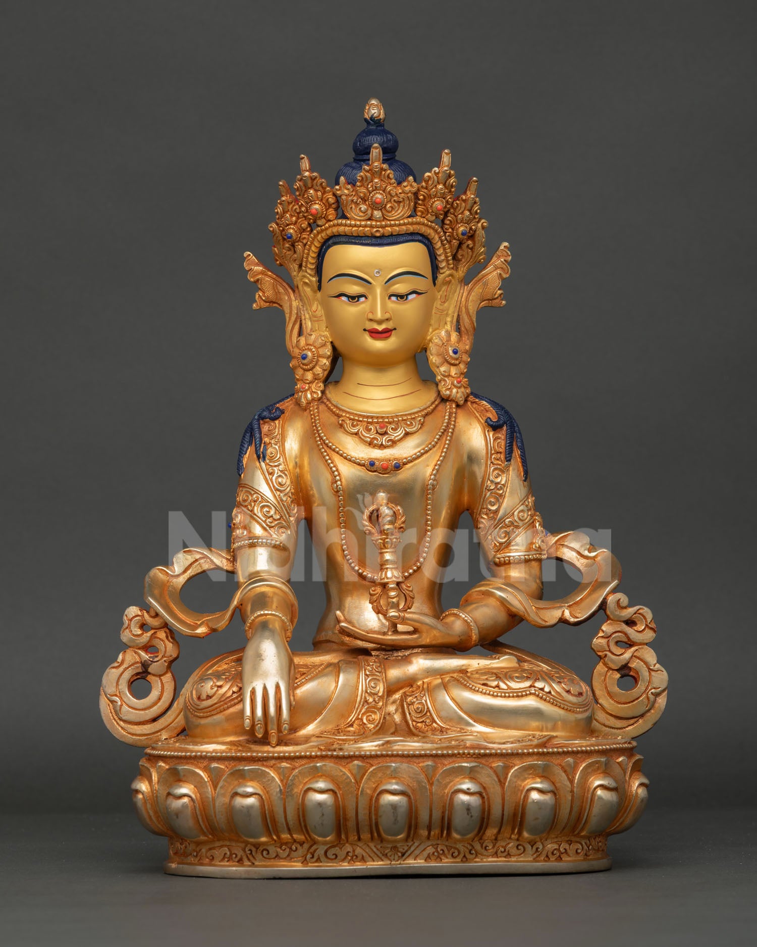 mitrugpa buddha statue handcrafted in nepal copper with 24k gold gilding on lotus seat