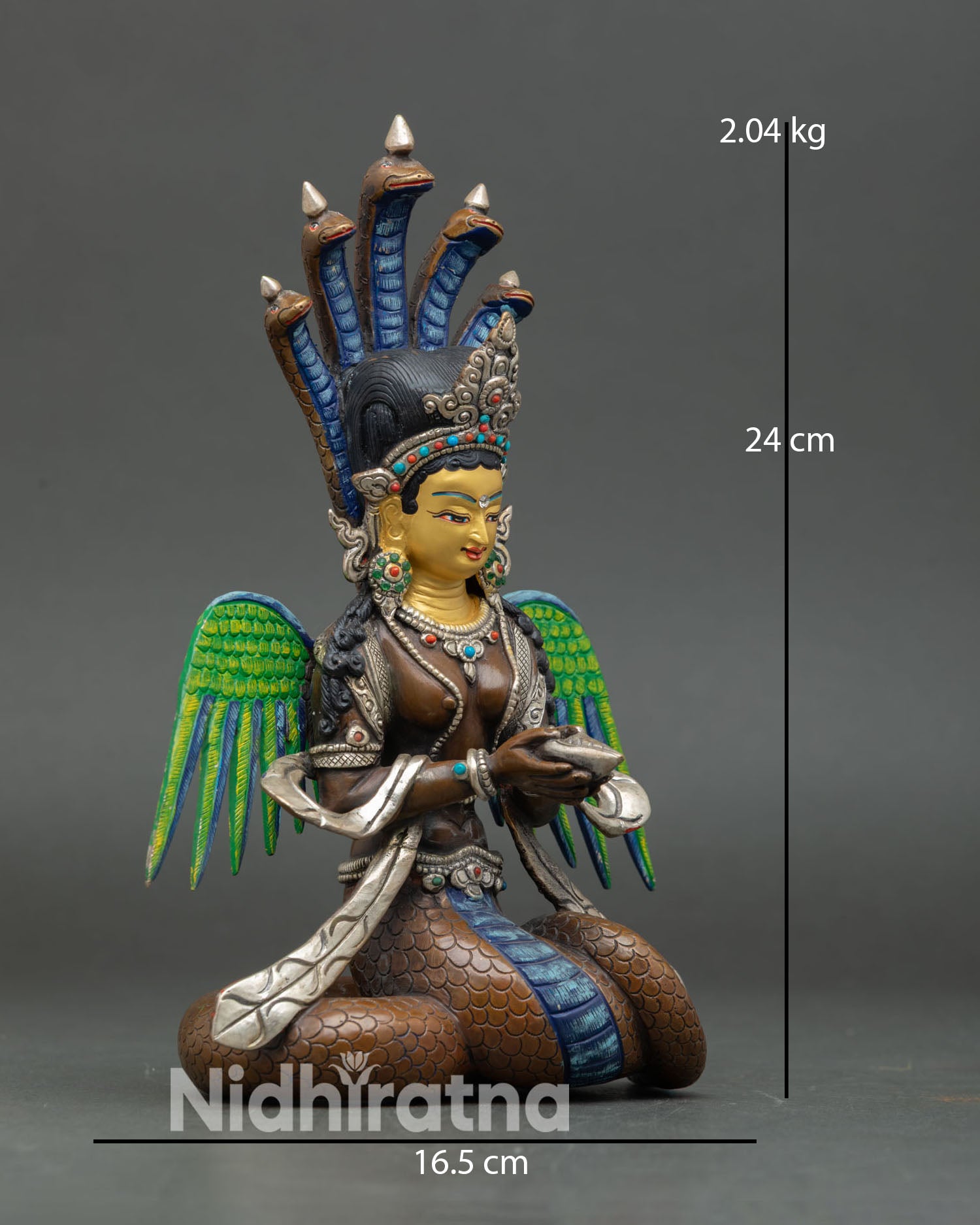 Naga Kanya side view flowing robes wings conch shell hand painted copper Buddhist deity statue