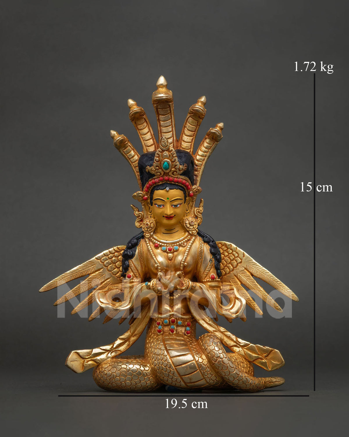 Naga Kanya statue in gold fire gilded copper with multi-headed cobra hood.