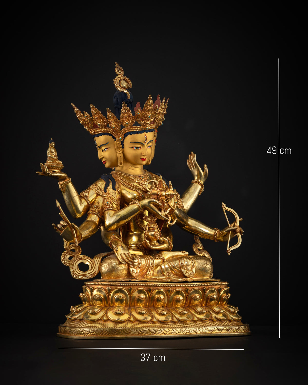 Namgyalma Buddhist Goddess with Three Gold Painted Faces and Eight Arms Seated on Double Lotus Pedestal