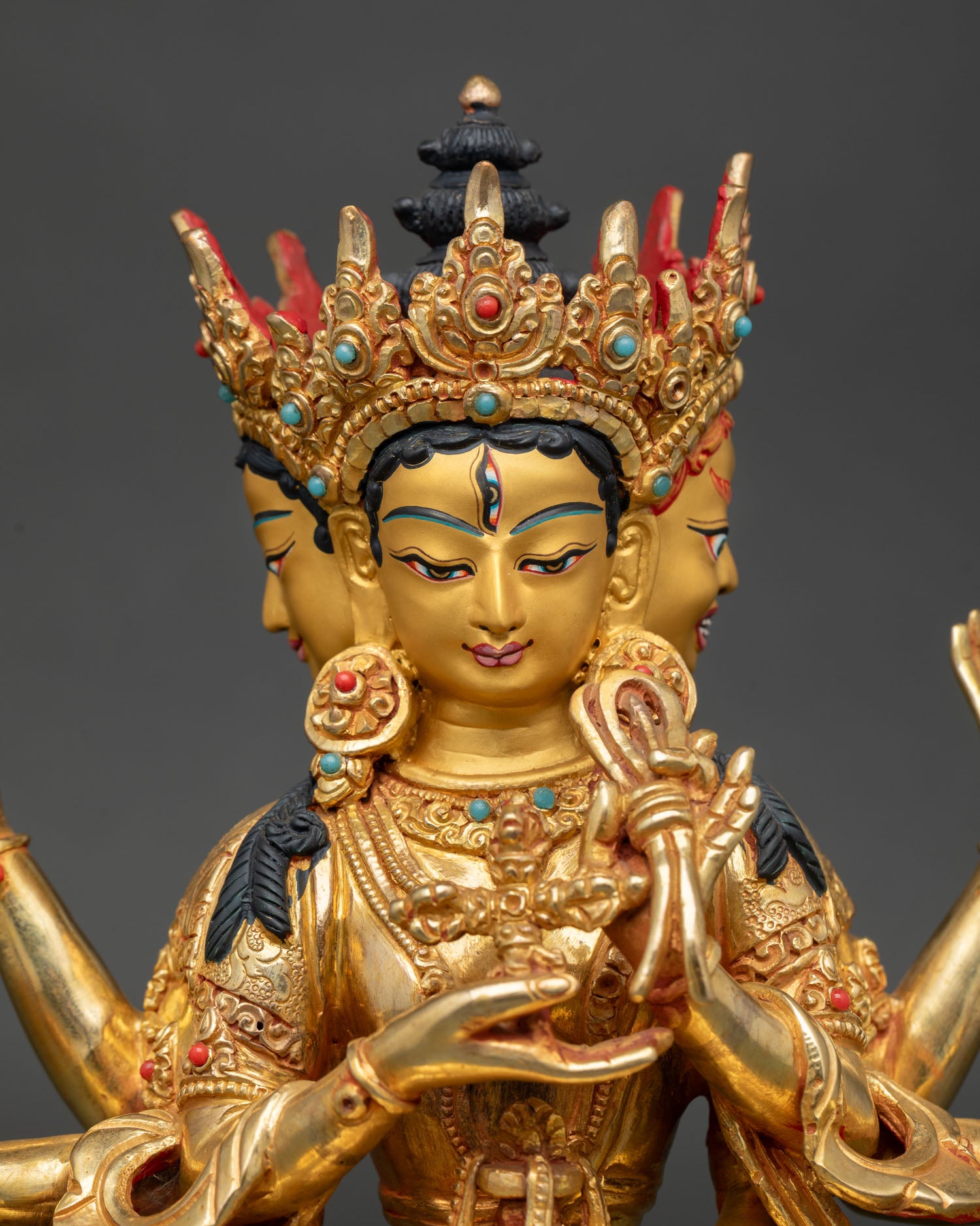Namgyalma Buddhist sculpture with three serene faces symbolizing wisdom compassion and enlightened awareness
