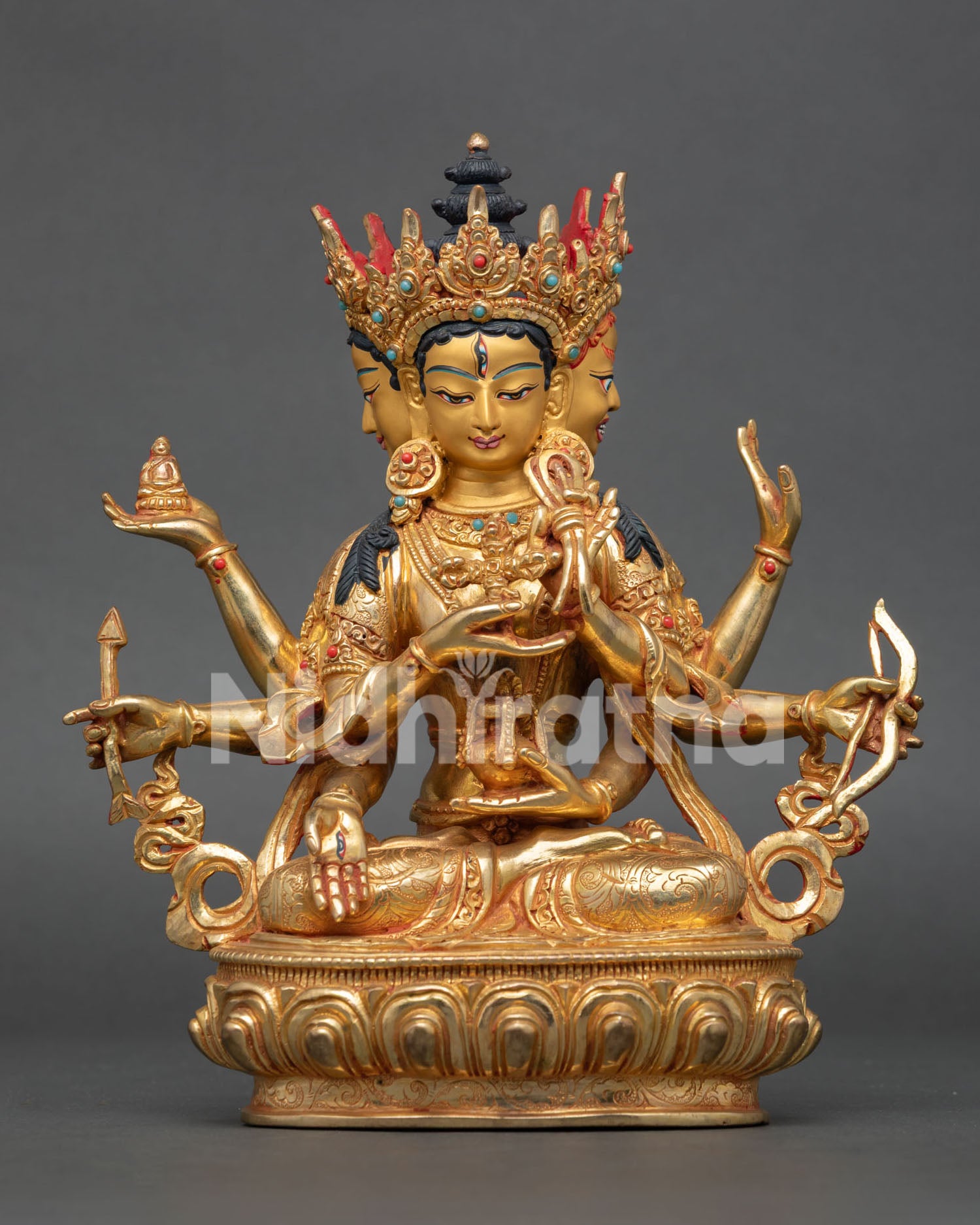 Namgyalma Statue, handcrafted from copper with 24K gold fire gilding and gold painted face from Nepal