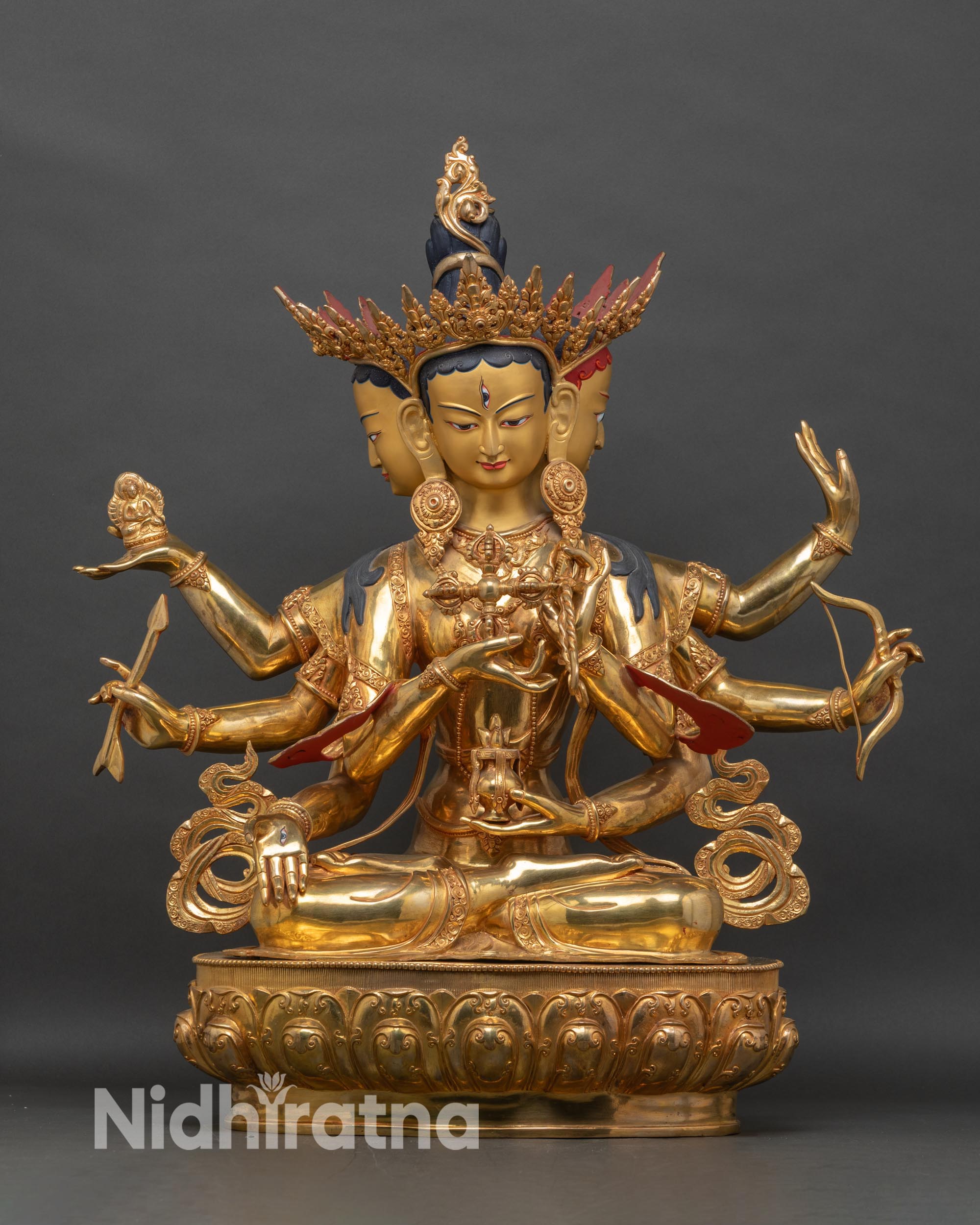 namgyalma-ushnishavijaya-statue-front-view-gold-fire-gilded-copper-buddhist-longevity-deity-nepal