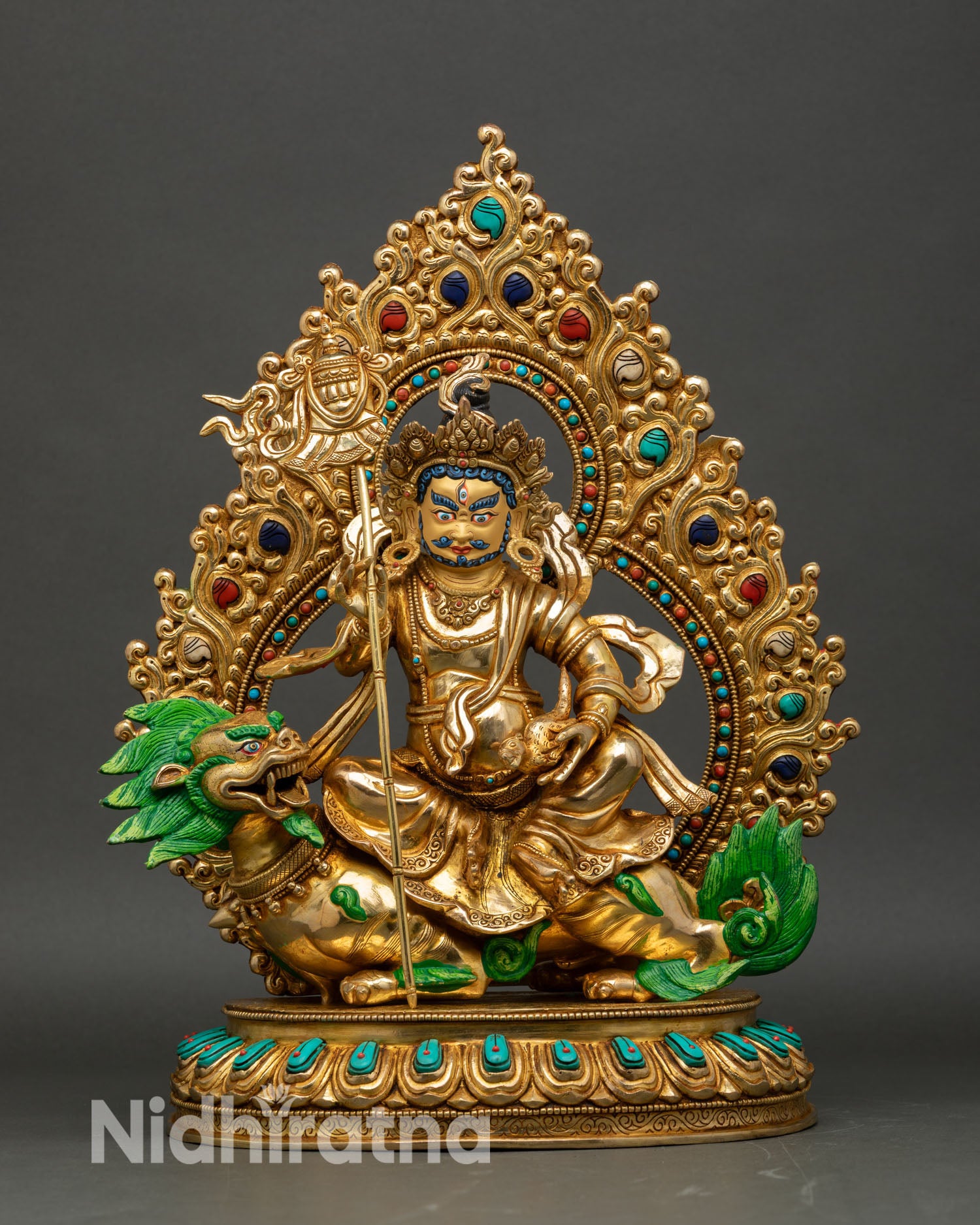 Namtoshe front view gold gilded copper wealth deity snow lion throne, Buddhist sculpture