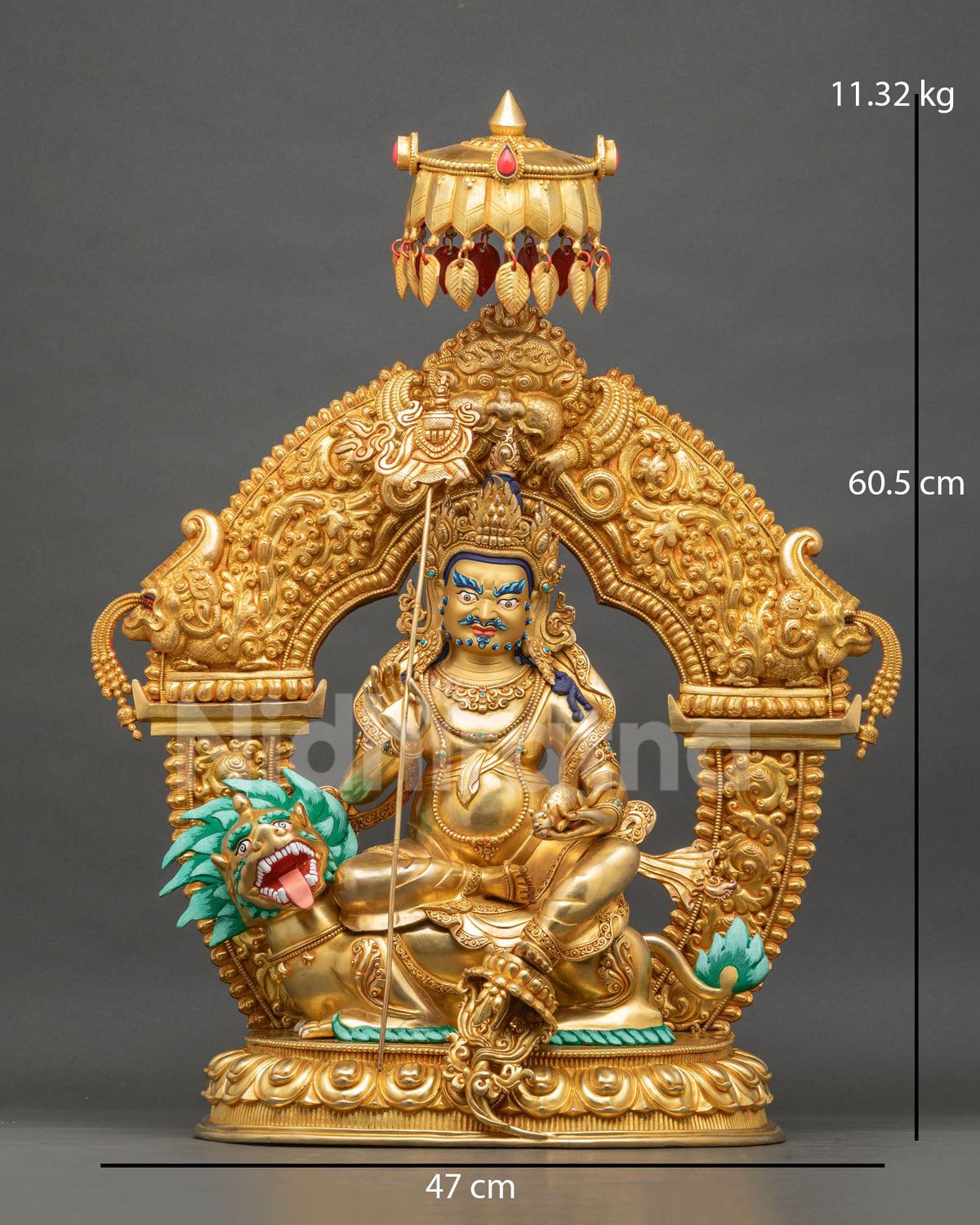 Namtoshe statue front view, 24K fire-gilded copper wealth deity seated on snow lion with arched halo