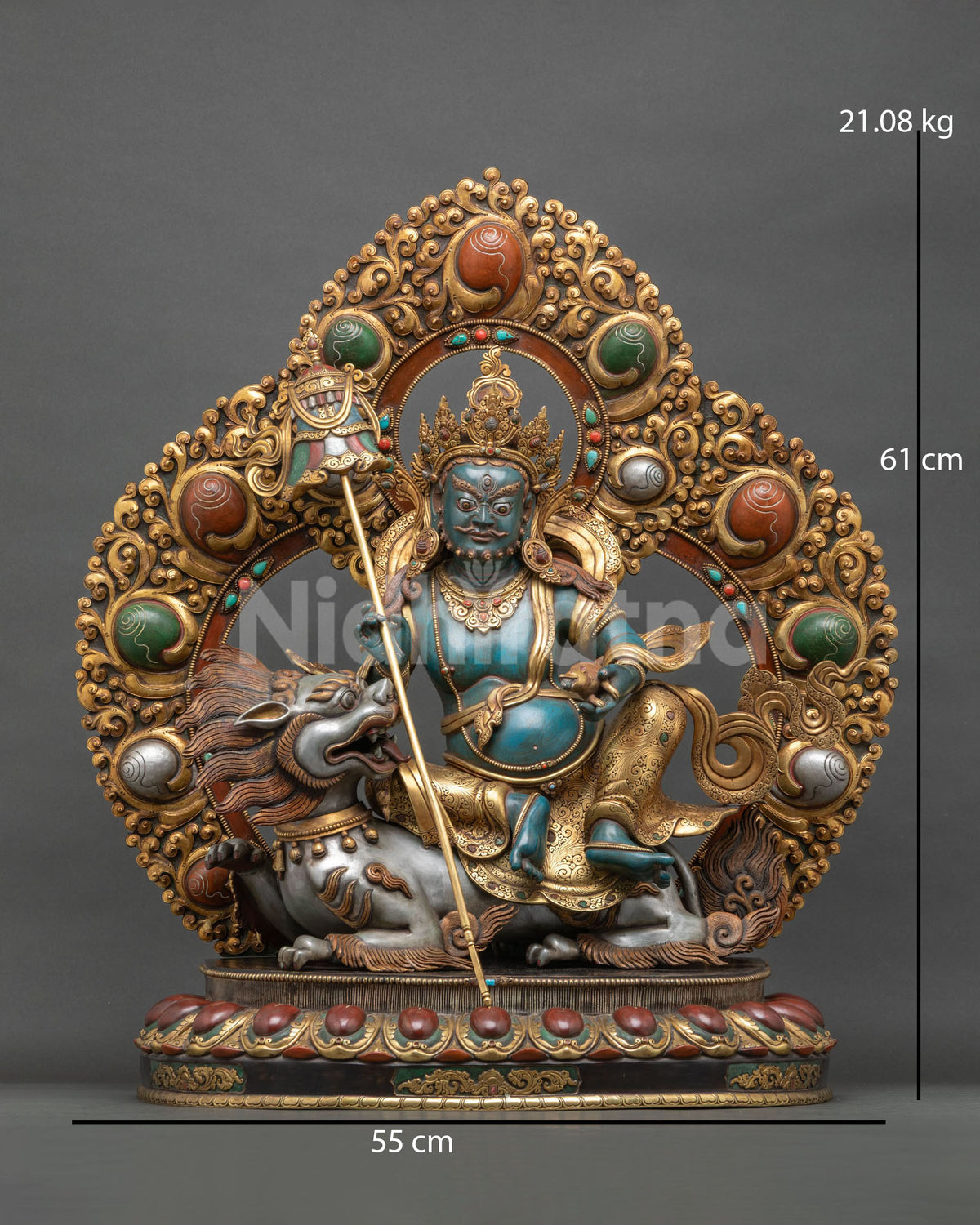Namtoshe Statue front view, gold-gilded copper Buddhist guardian seated on snow lion