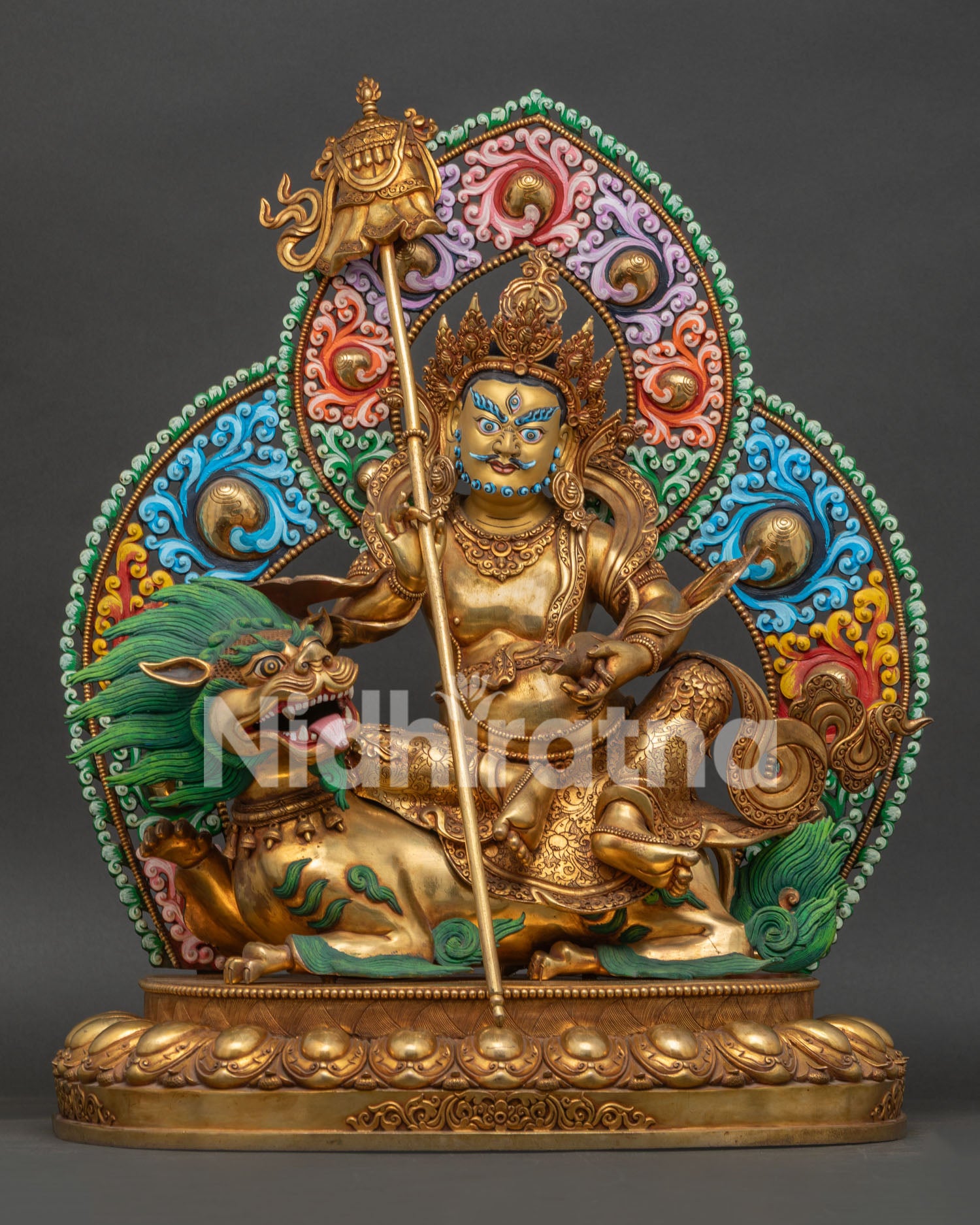 Namtoshe statue, handcrafted copper with 24K gold fire gilding and flaming halo from Nepal