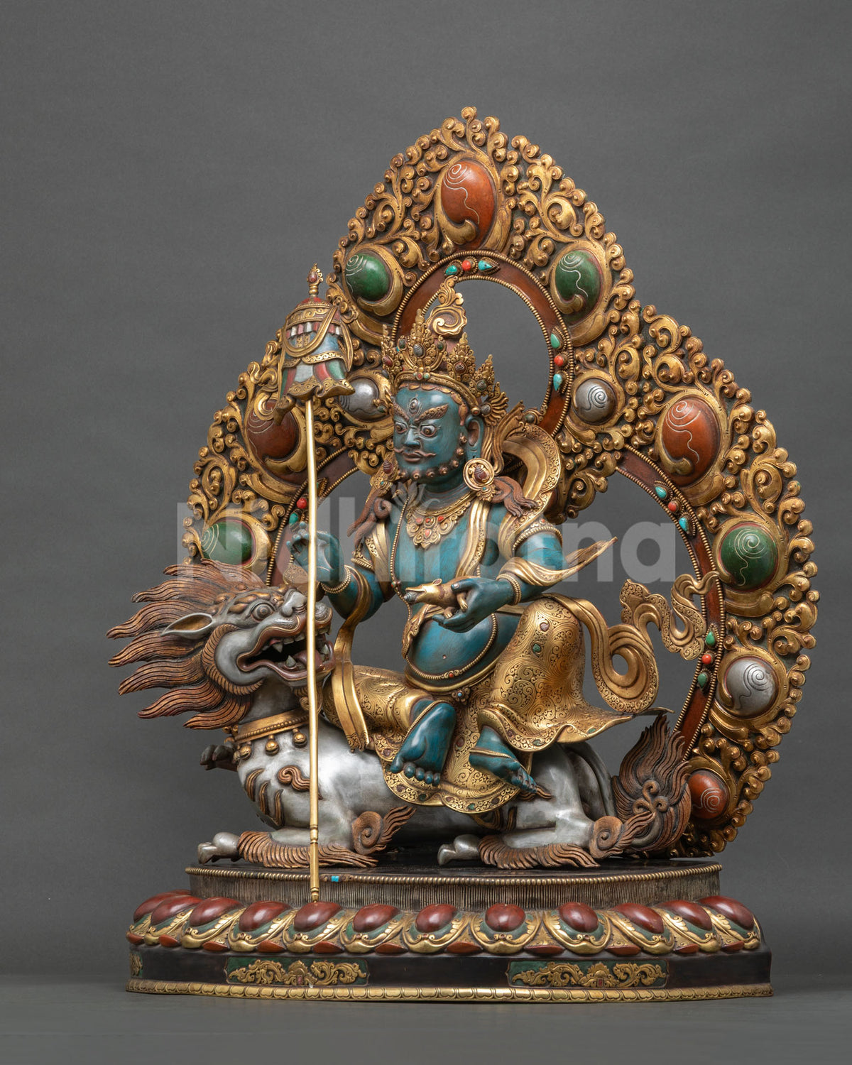 Namtoshe Statue left side view showing mongoose, snow lion and gold-gilded robes