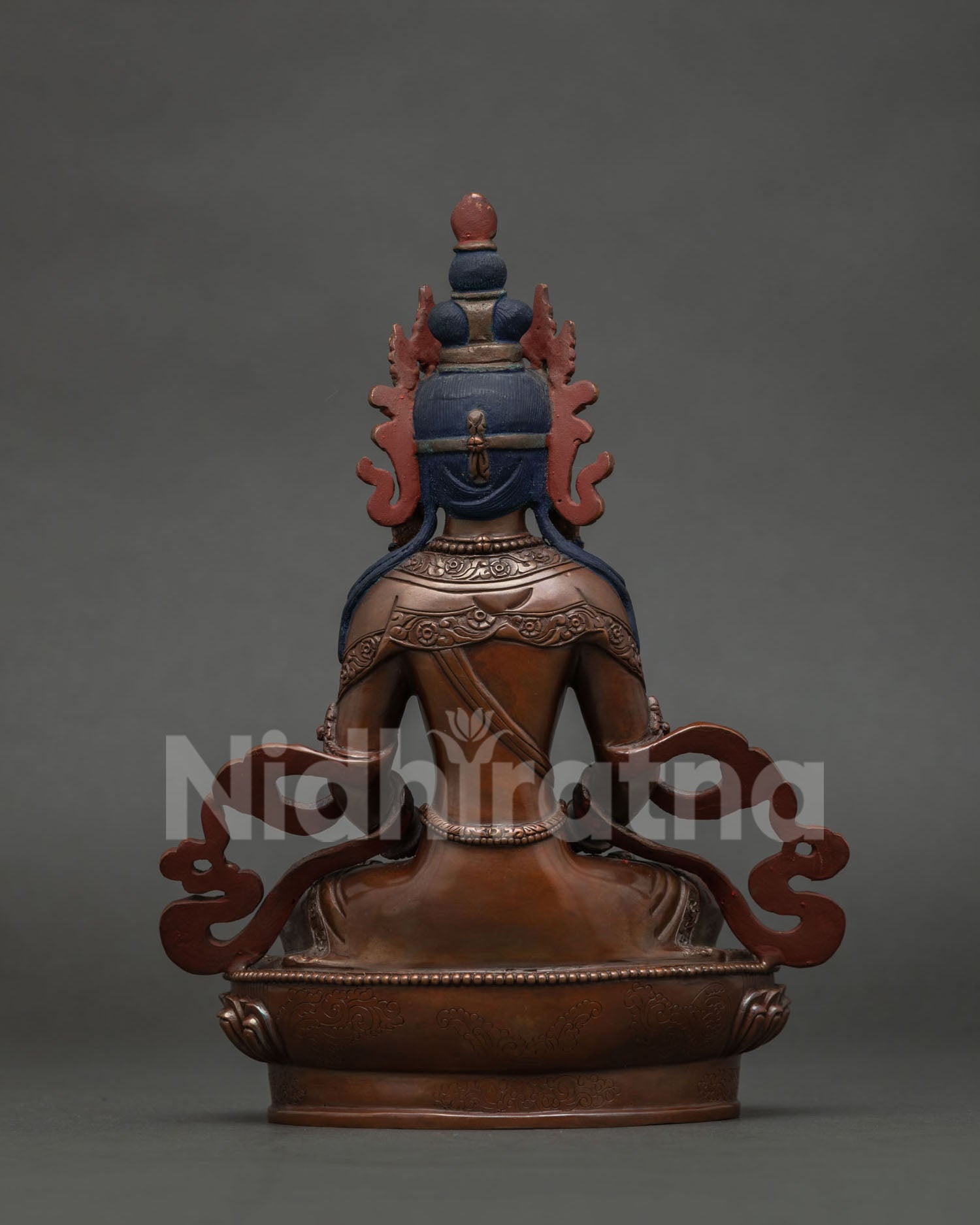 Nepalese Amitayus Statue Intricate Lotus Throne Newari Buddhist Sculpture Detail.