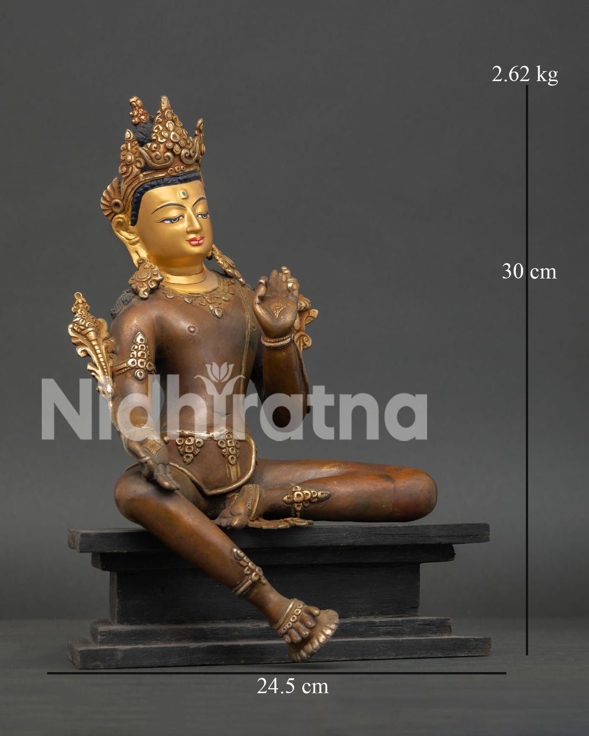 Nepalese Bodhisattva copper statue with serene face and intricate sacred ornaments