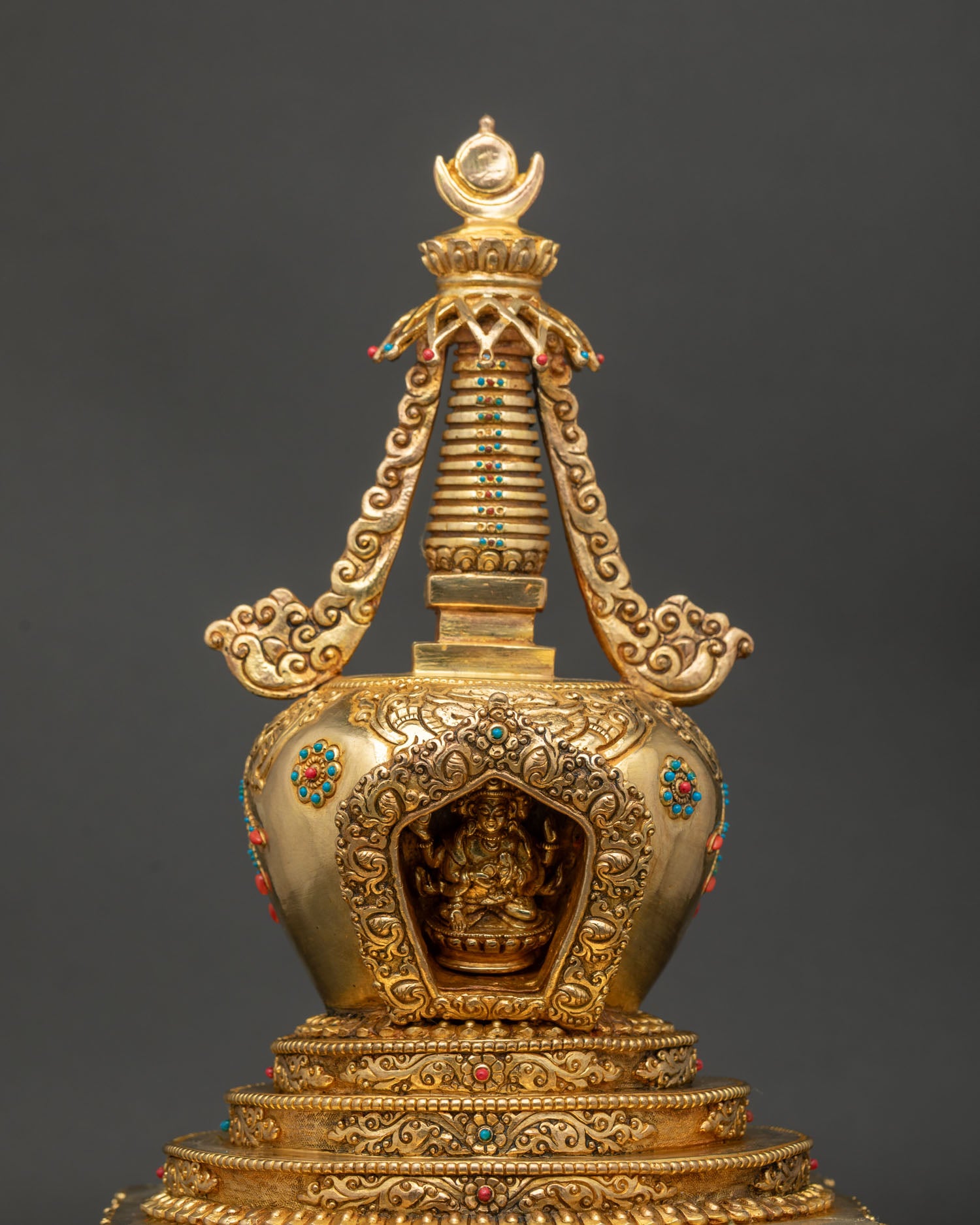 Nepalese Buddhist Stupa featuring a miniature Namgyalma deity figure
