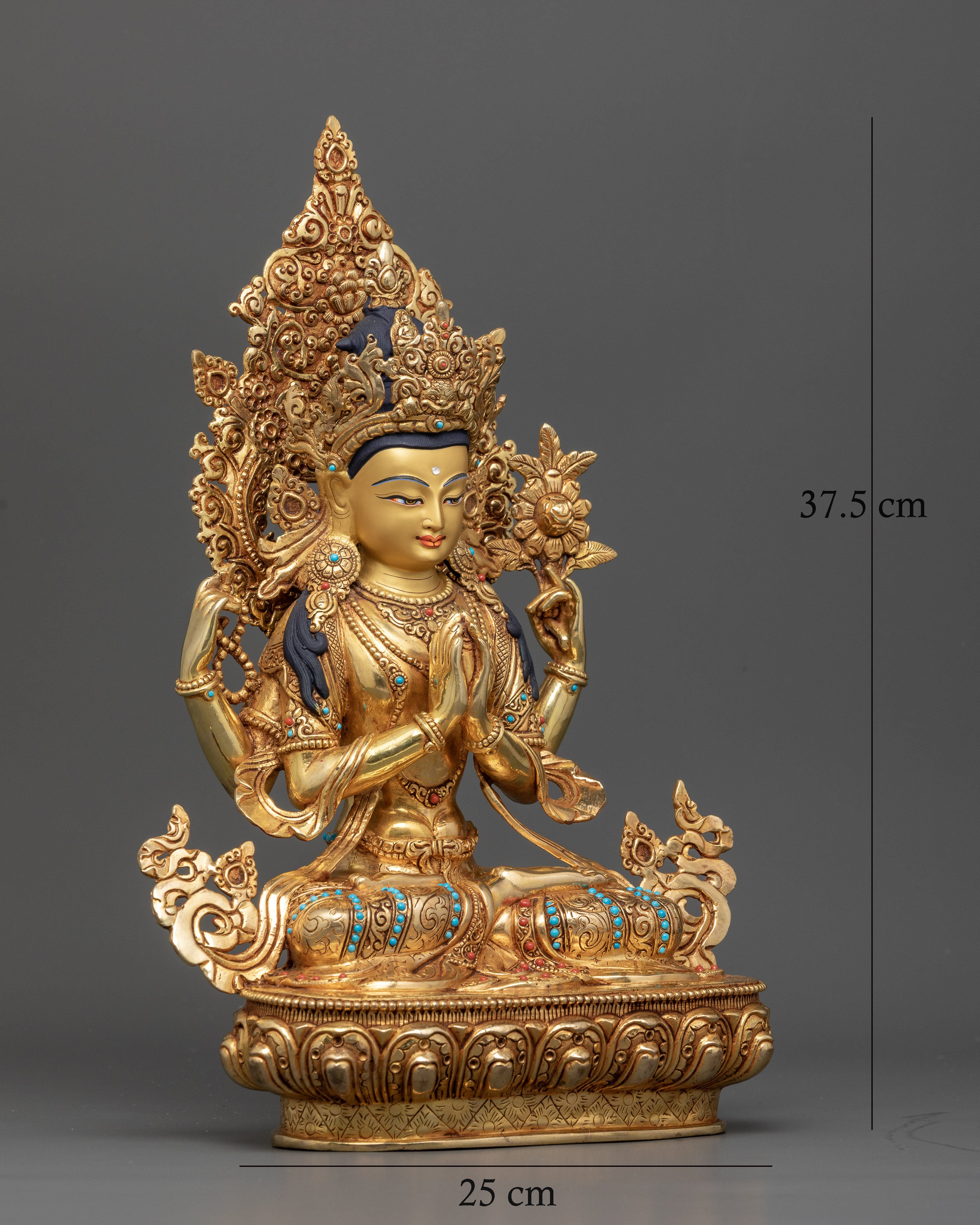 Nepalese Chenrezig Statue with Five-Jewel Crown and Floral Halo.