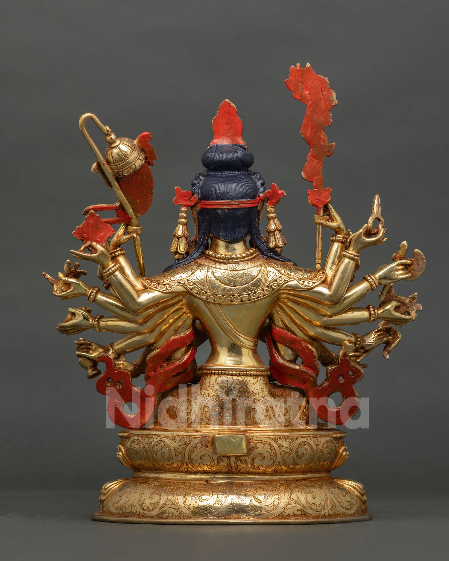 Nepalese Chundi Bodhisattva sculpture with sacred ritual implements and gold gilding