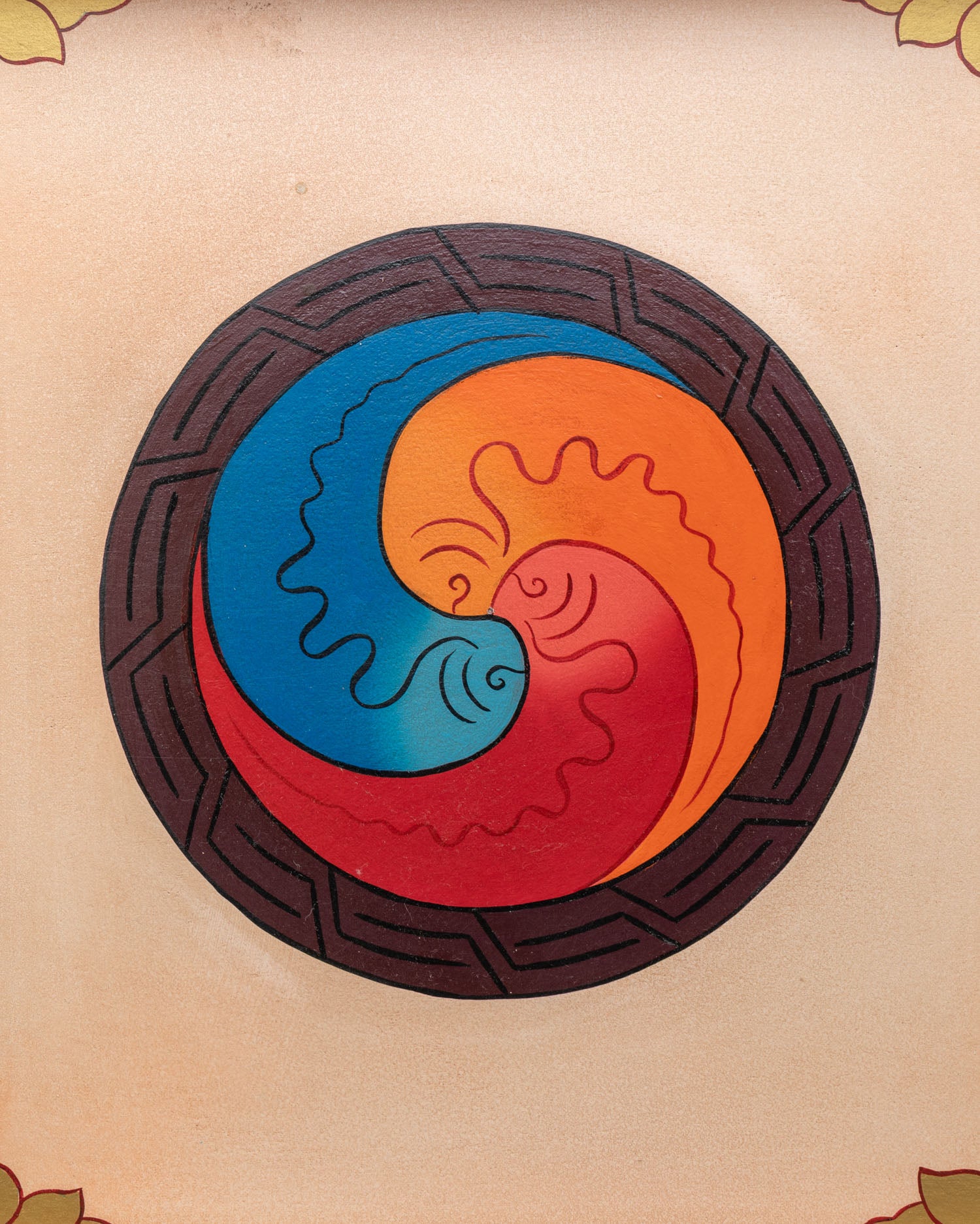 Nepalese decorative wooden tray featuring colorful Gakhyil Wheel of Joy design.