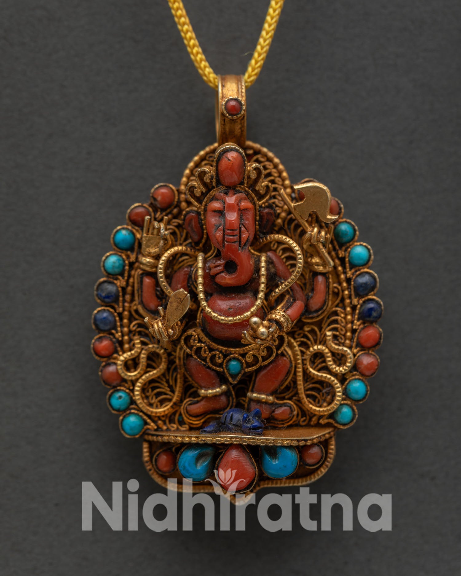 Nepalese Ganesh Locket, Handmade by Newari Artisans with Gold Plated Copper and Gemstones