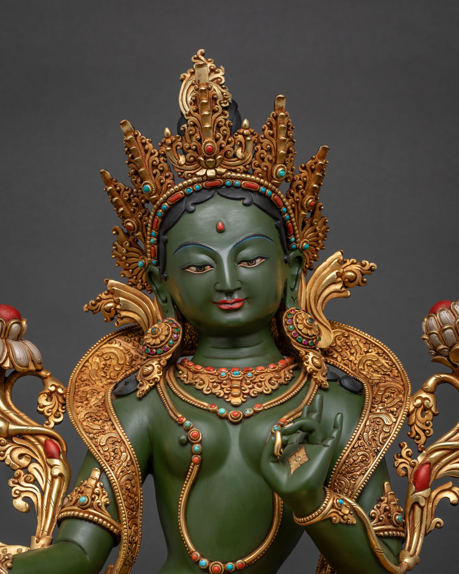 Nepalese Green Tara Buddhist altar sculpture with jeweled headdress and sacred mudra hand gestures