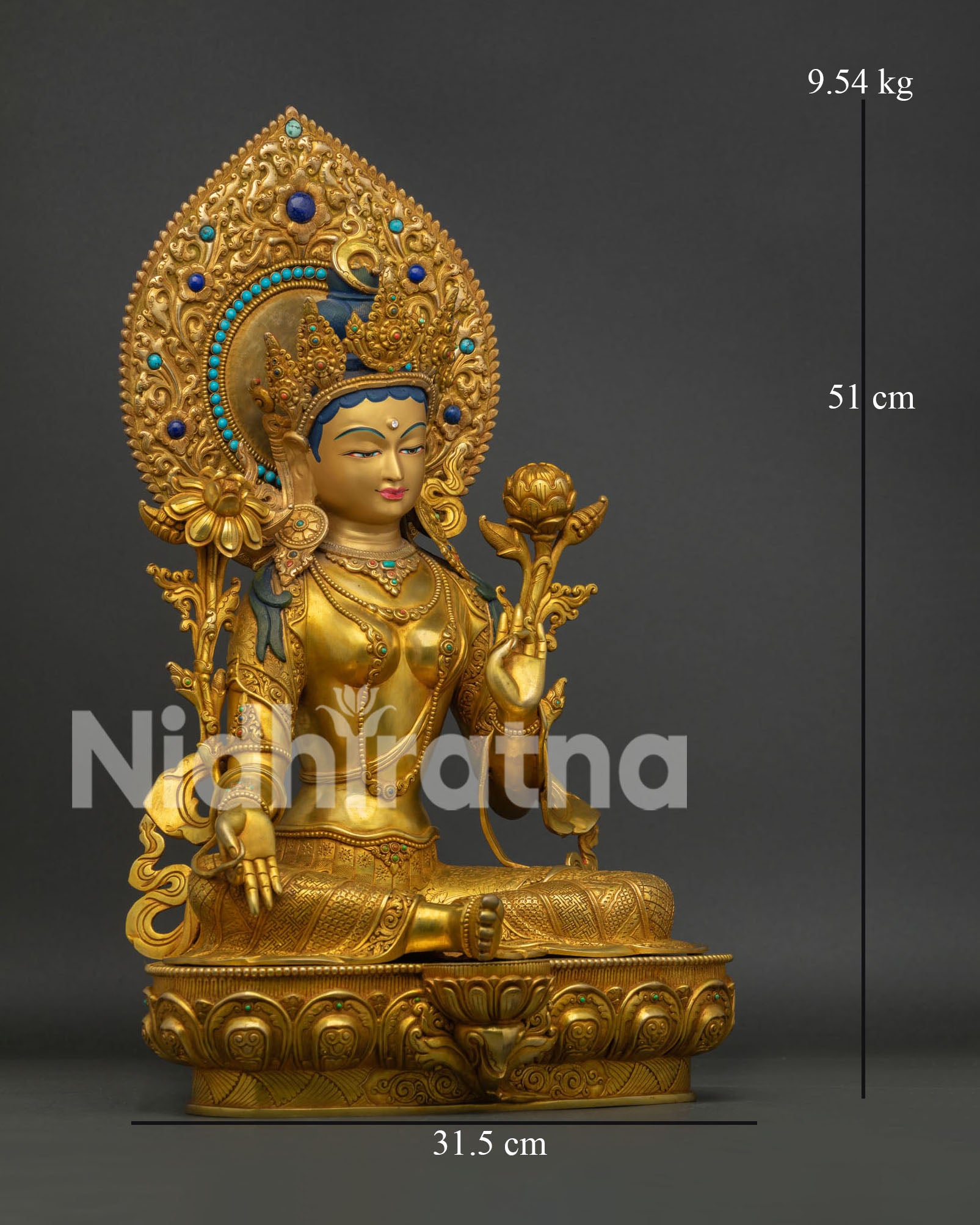 Nepalese Green Tara Copper Statue Right Side with Lotus Throne Details
