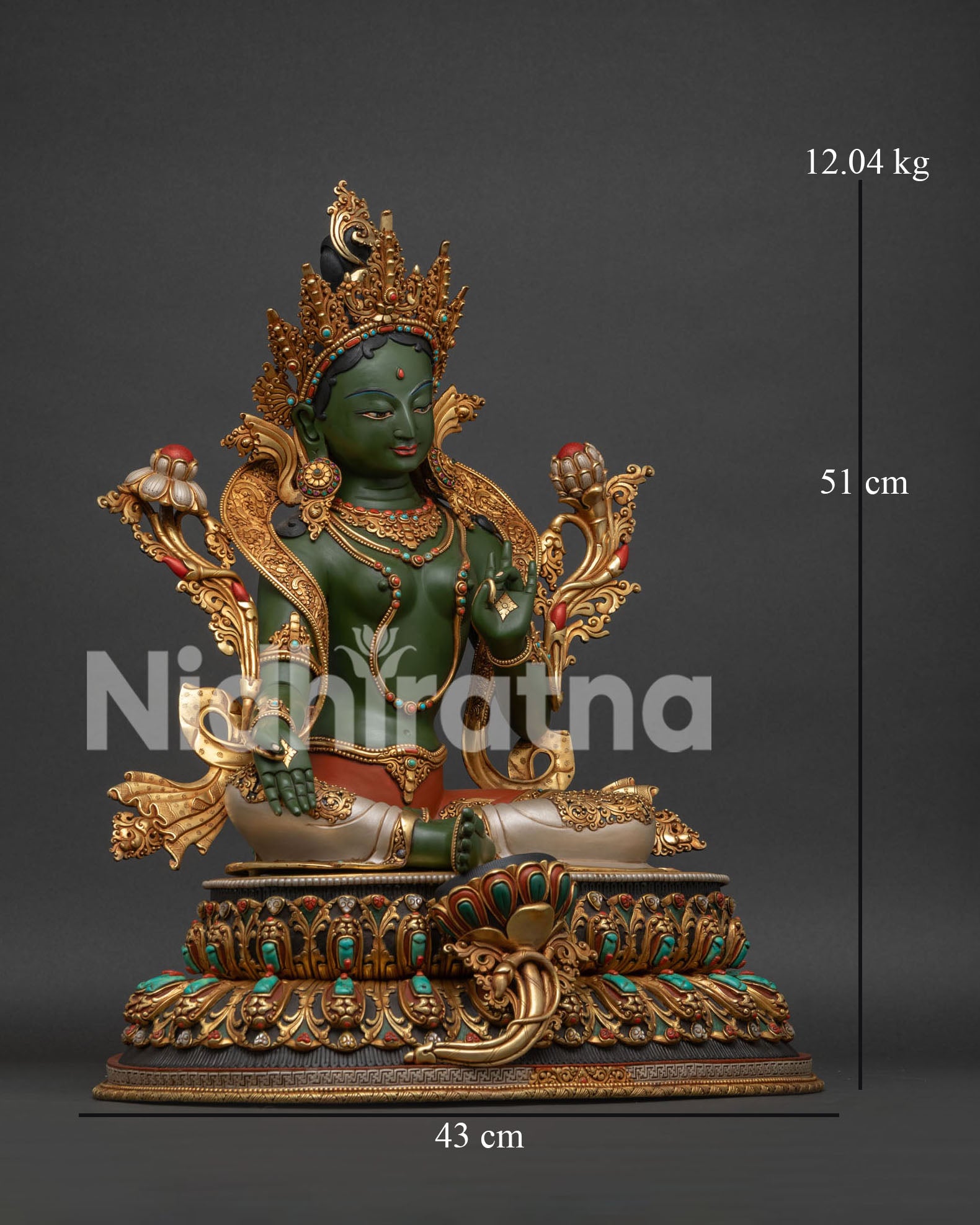 Nepalese Green Tara Tibetan Buddhist statue right side with gold-gilded decorative elements and lotus pedestal