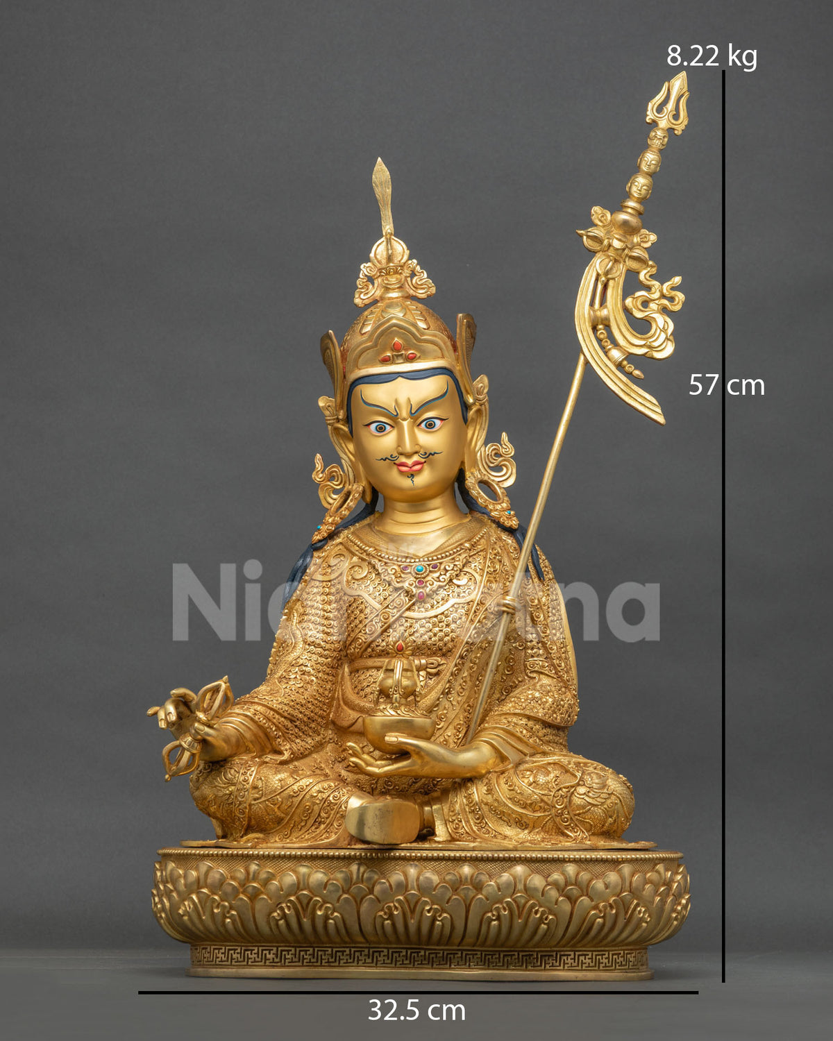 Nepalese Guru Rinpoche statue in gold fire-gilded copper, front view with vajra and khatvanga