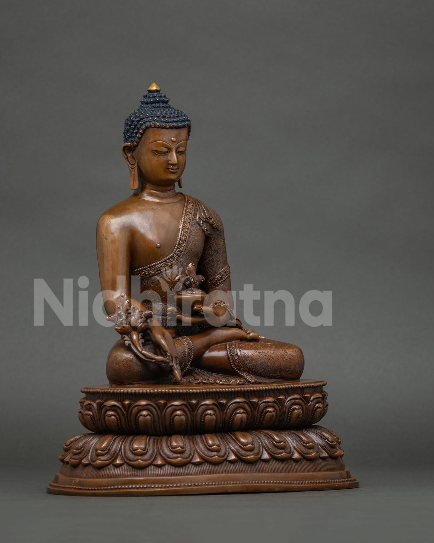 Nepalese Medicine Buddha statue newari artisan handcarved lotus.