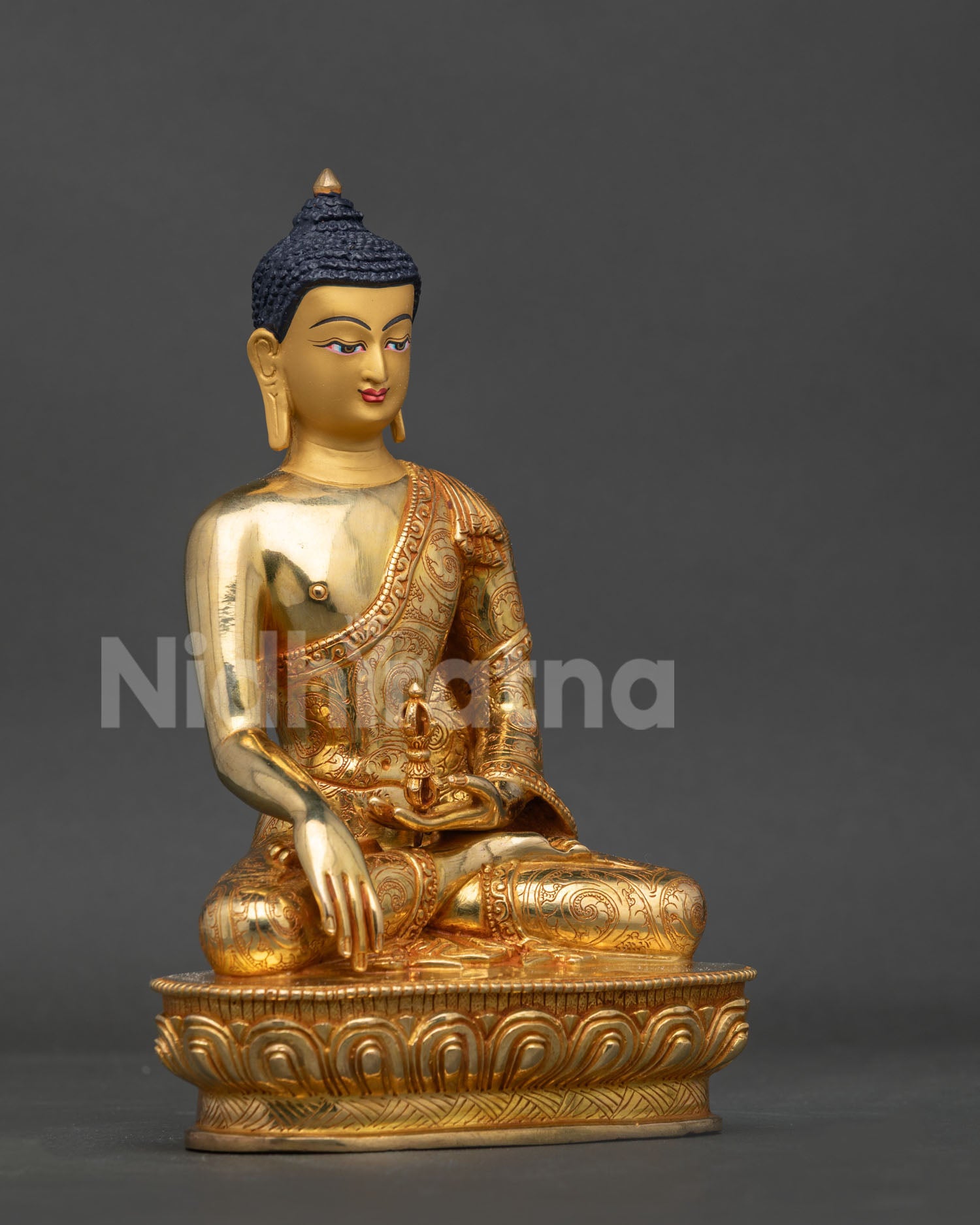 Nepalese Mitrugpa Buddhist statue handcarved lotus pedestal detailed view.
