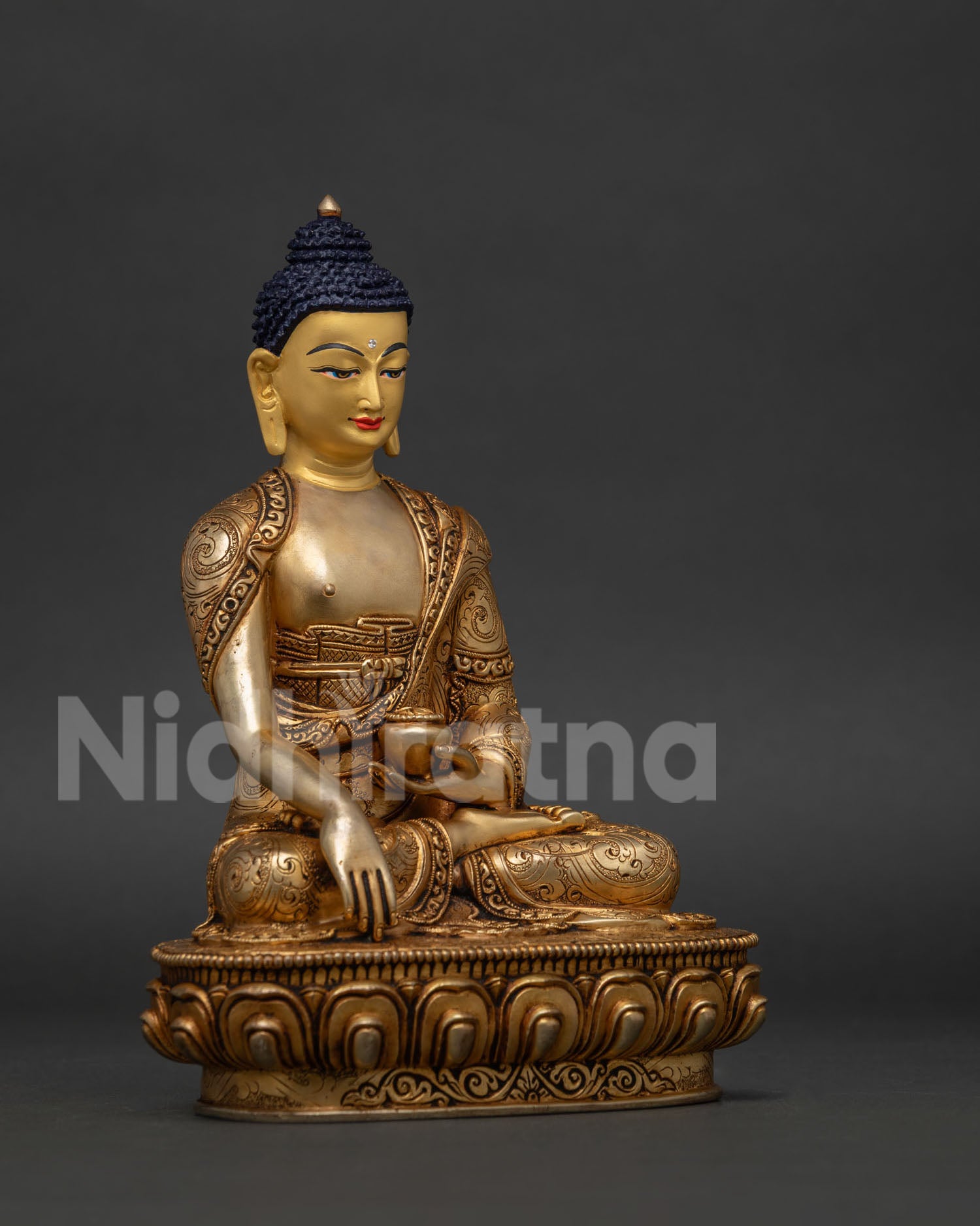 Nepalese Shakyamuni Buddha sculpture with Bhumisparsha Mudra and Patra bowl.
