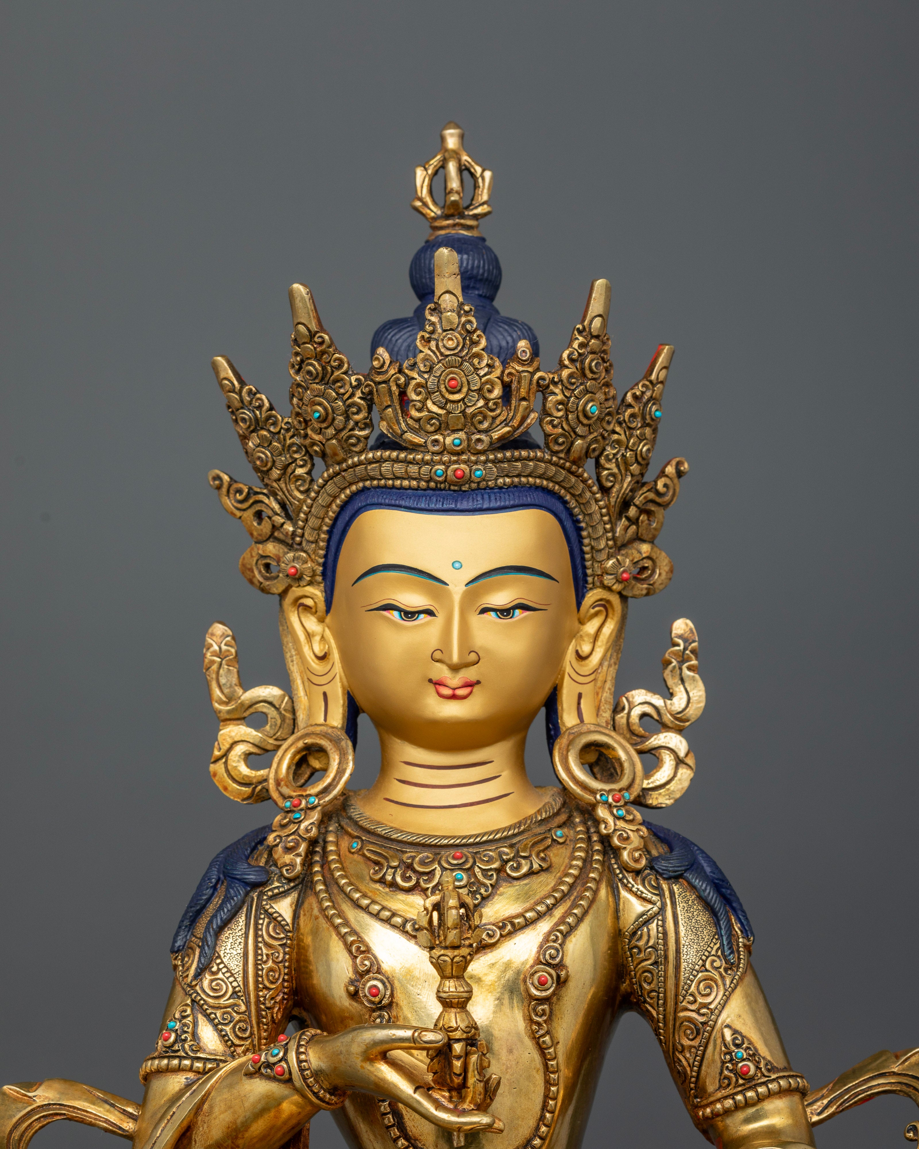 Nepalese Vajrasattva Buddha Statue with Gold Painted Face Semi Precious Stones and Floral Carvings