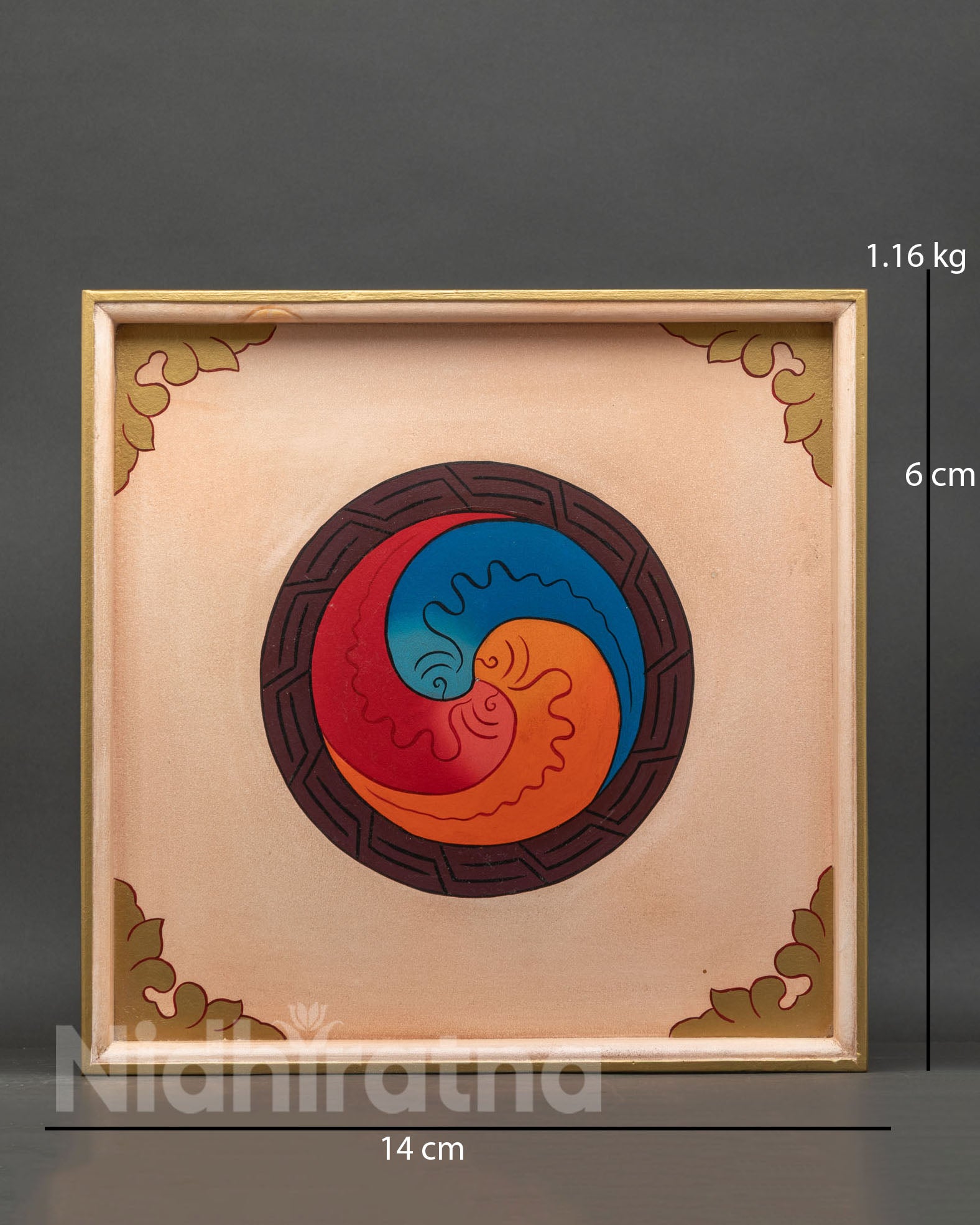 Nepalese wooden tray with Gakhyil Wheel of Joy acrylic detailing.
