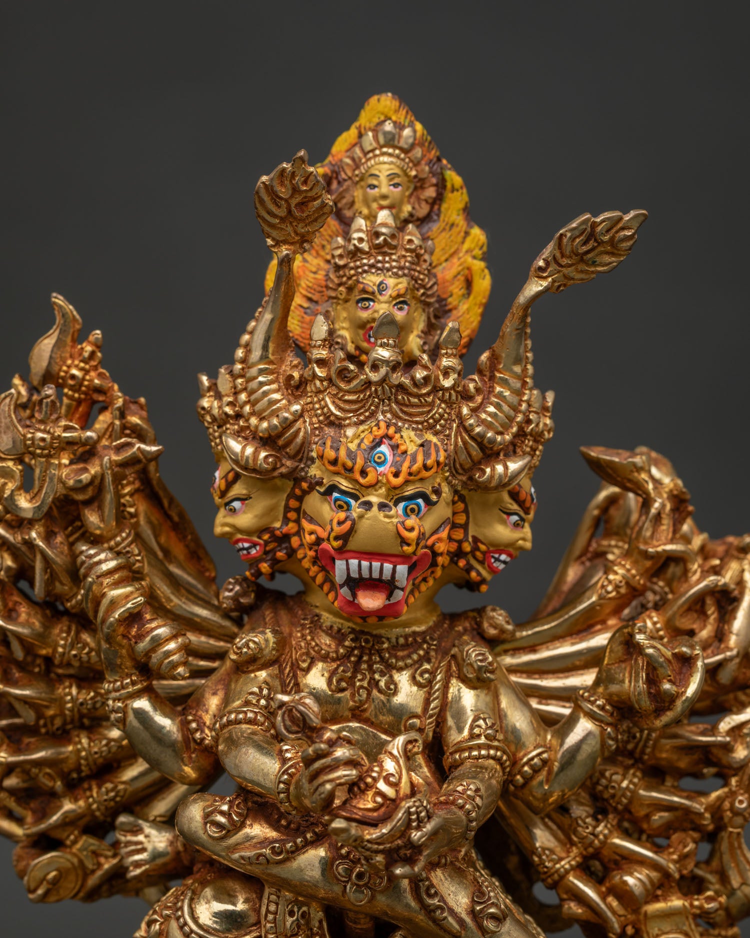 Nepalese Yamantaka Statue with Gold Painted Face and Ritual Ornaments