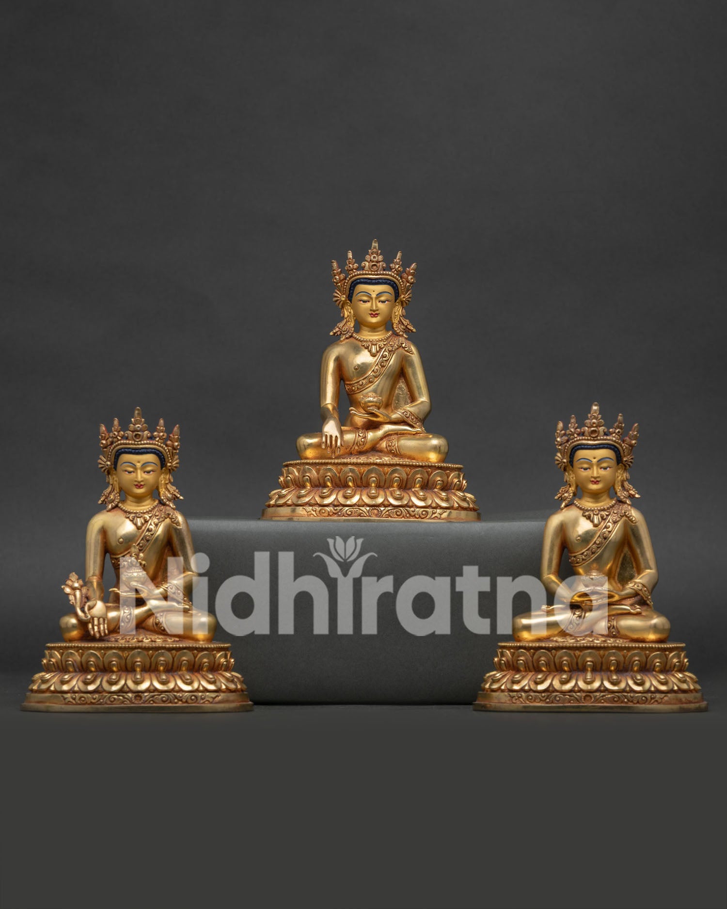 Newari Crafted Copper Three Buddha Statue Set for Buddhist Altar and Meditation