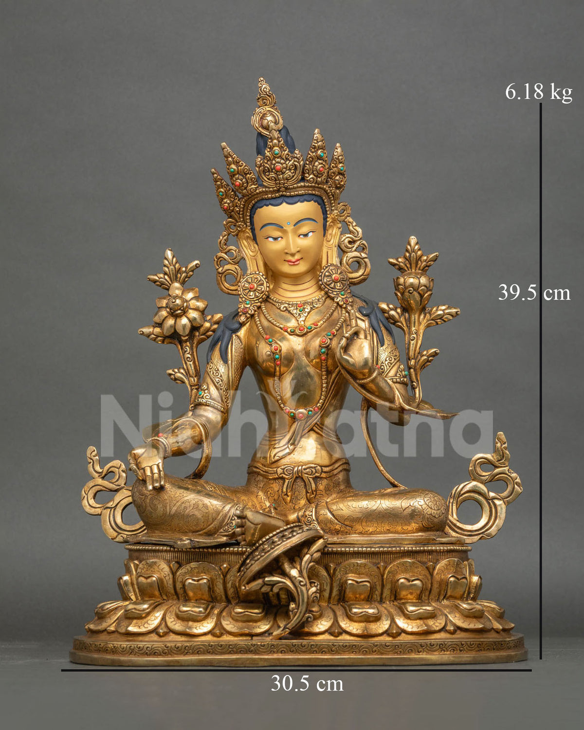 Newari Green Tara Sculpture with 24K Gold Gilding and Gemstone Details