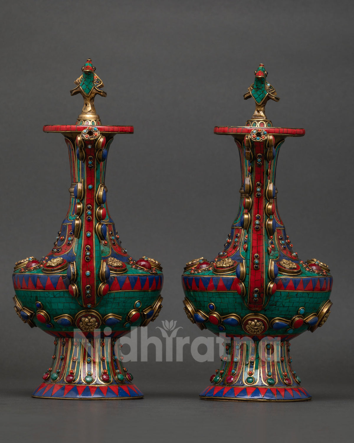 Newari handcrafted Tibetan tea pot with gemstone embellishment and curved spout.