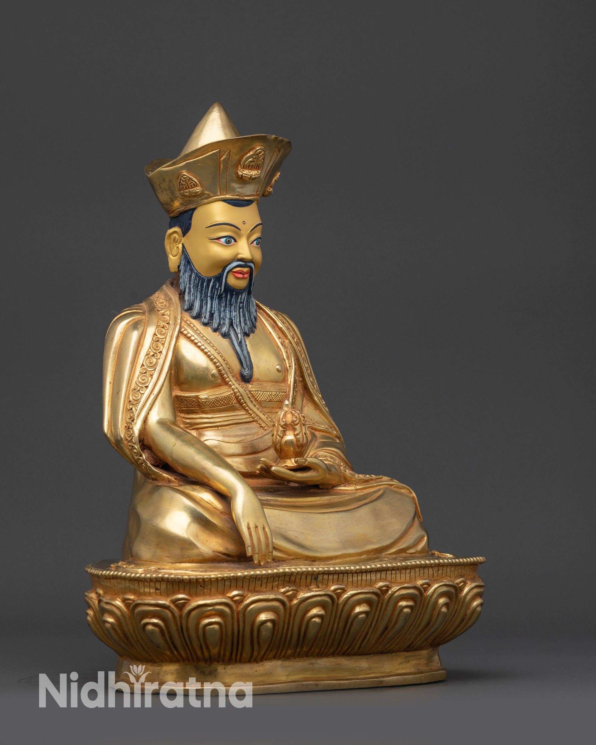 Ngawang Namgyal statue right side view, copper and gold lotus throne Buddhist Lama