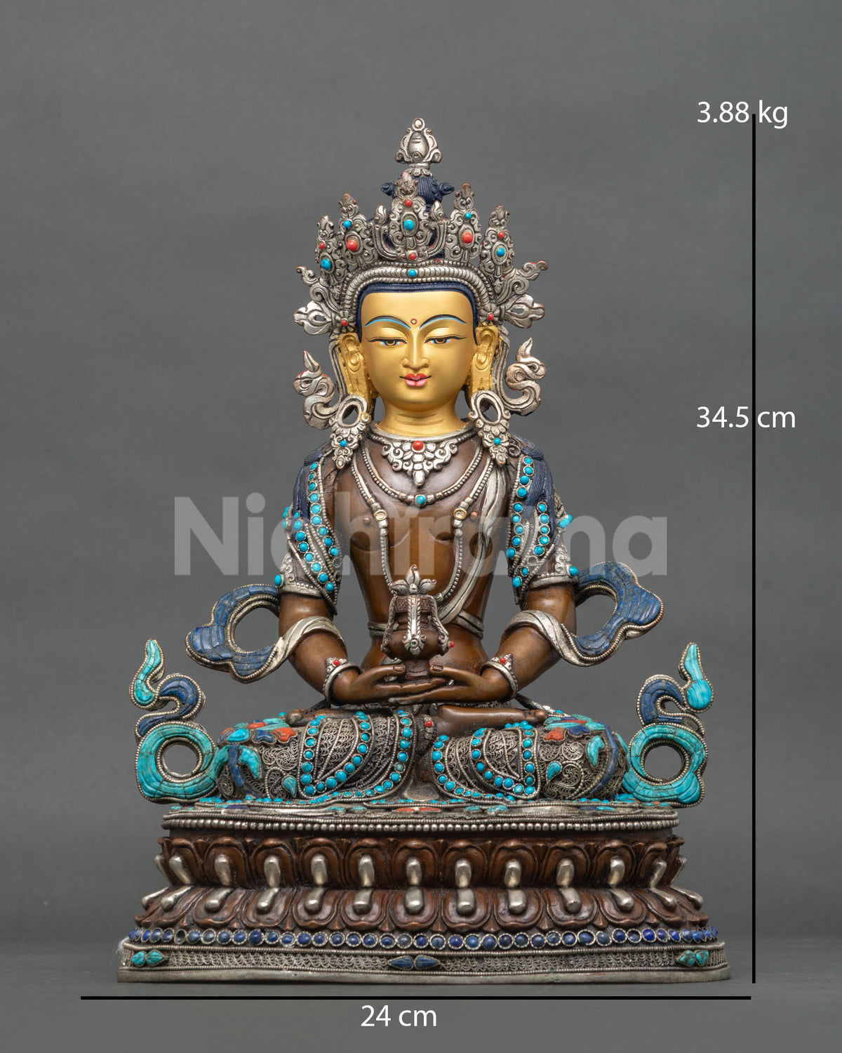 Oxidized Copper Amitayus Statue Front View Holding Kalasha Vase with 24K Gold Painted Face