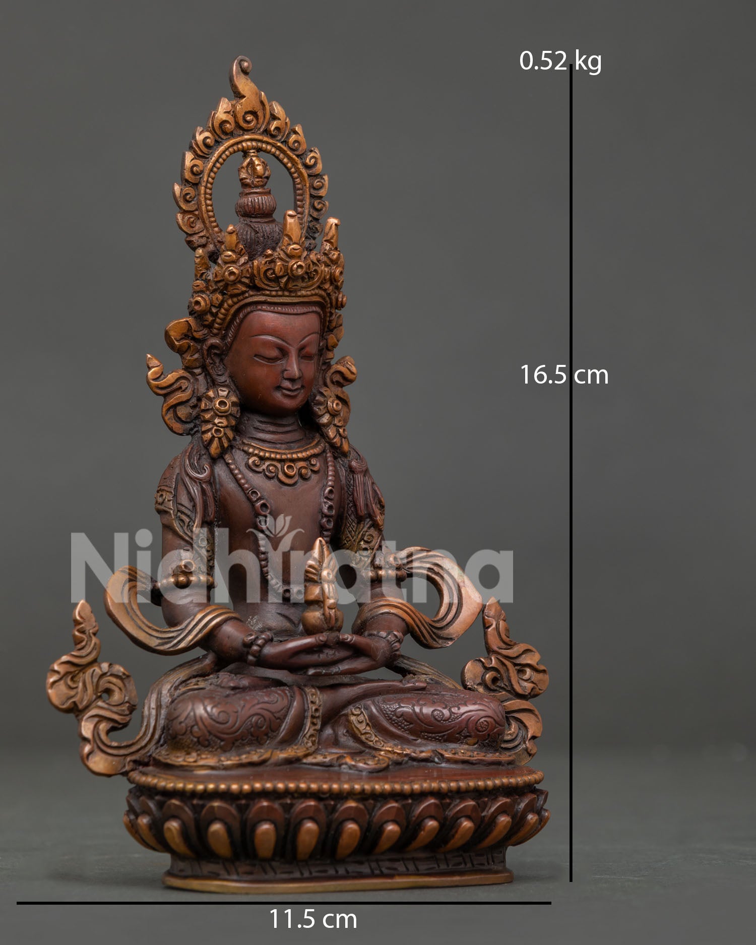 Oxidized Copper Amitayus Statue Seated on Lotus Pedestal.