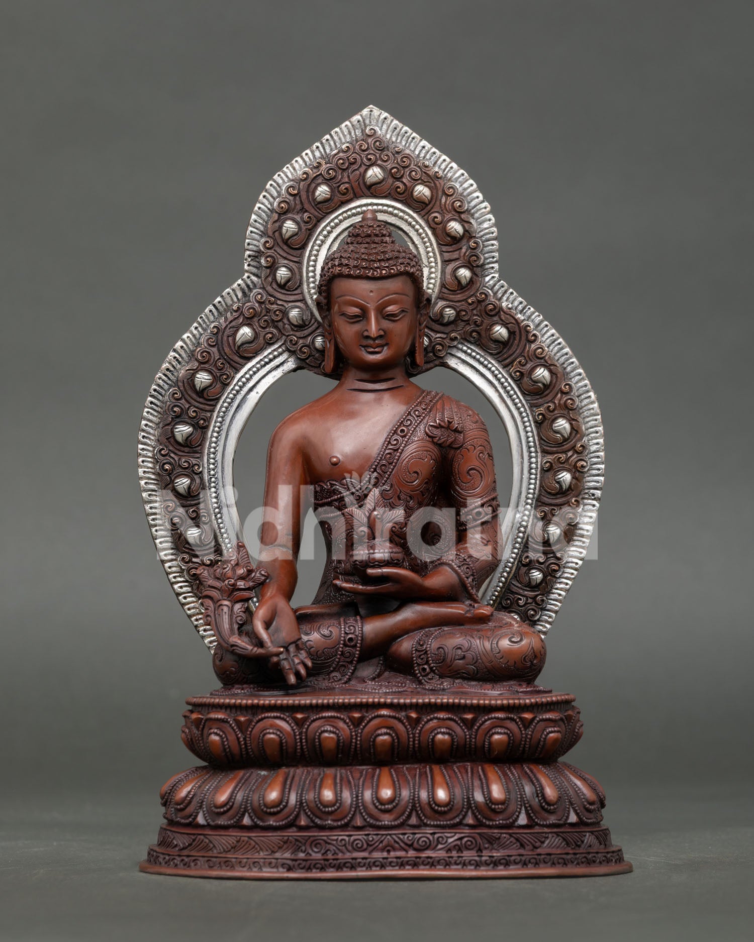 oxidized copper bhaisajyaguru medicine buddha statue with silver-plated halo