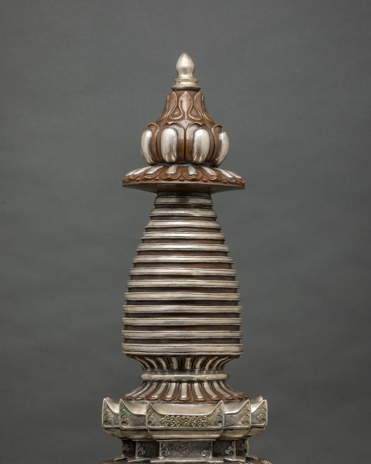 Oxidized copper Kadampa Stupa with silver accents for Buddhist altar and meditation shrine