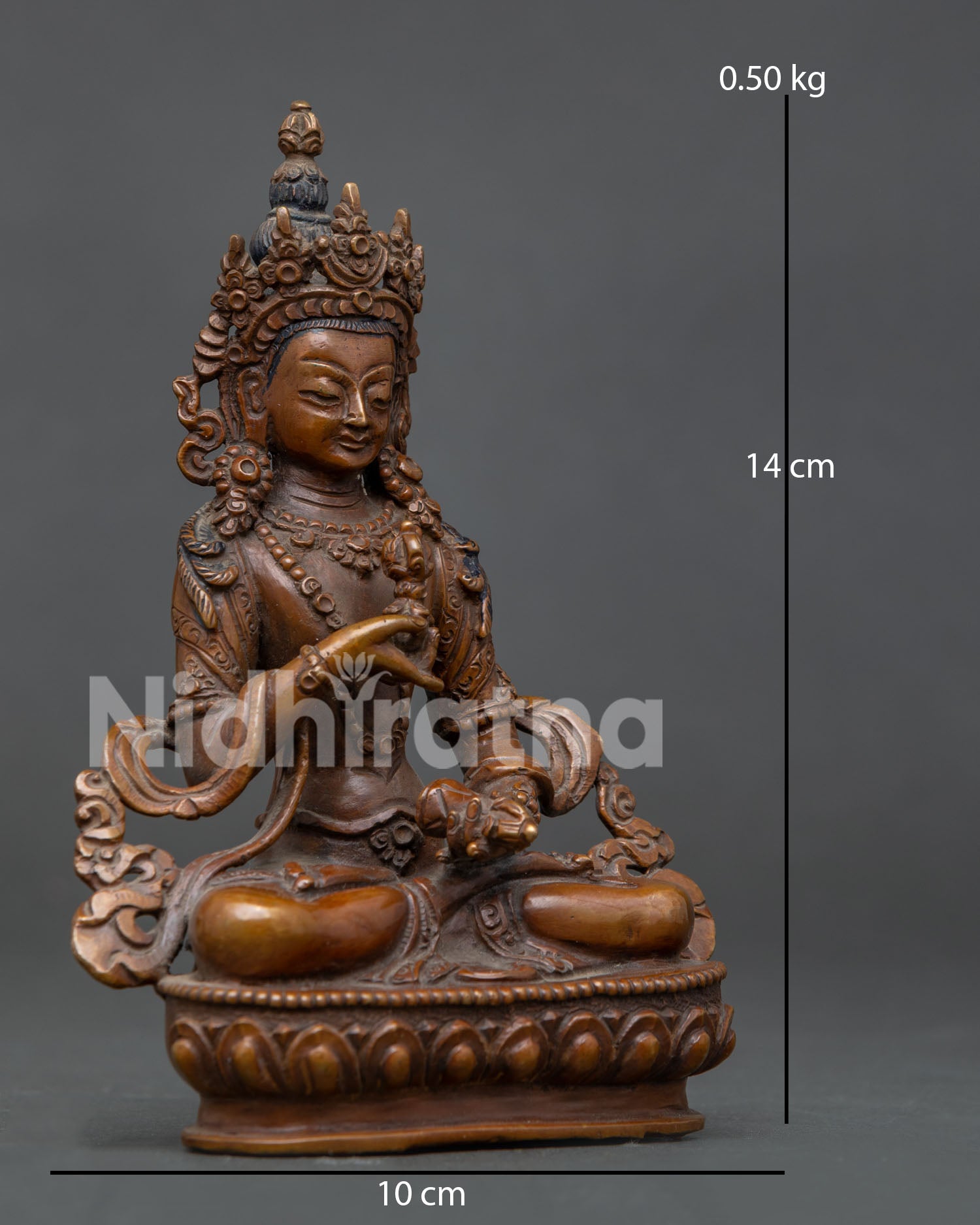 Oxidized copper Vajrasattva statue seated on hand carved lotus pedestal.