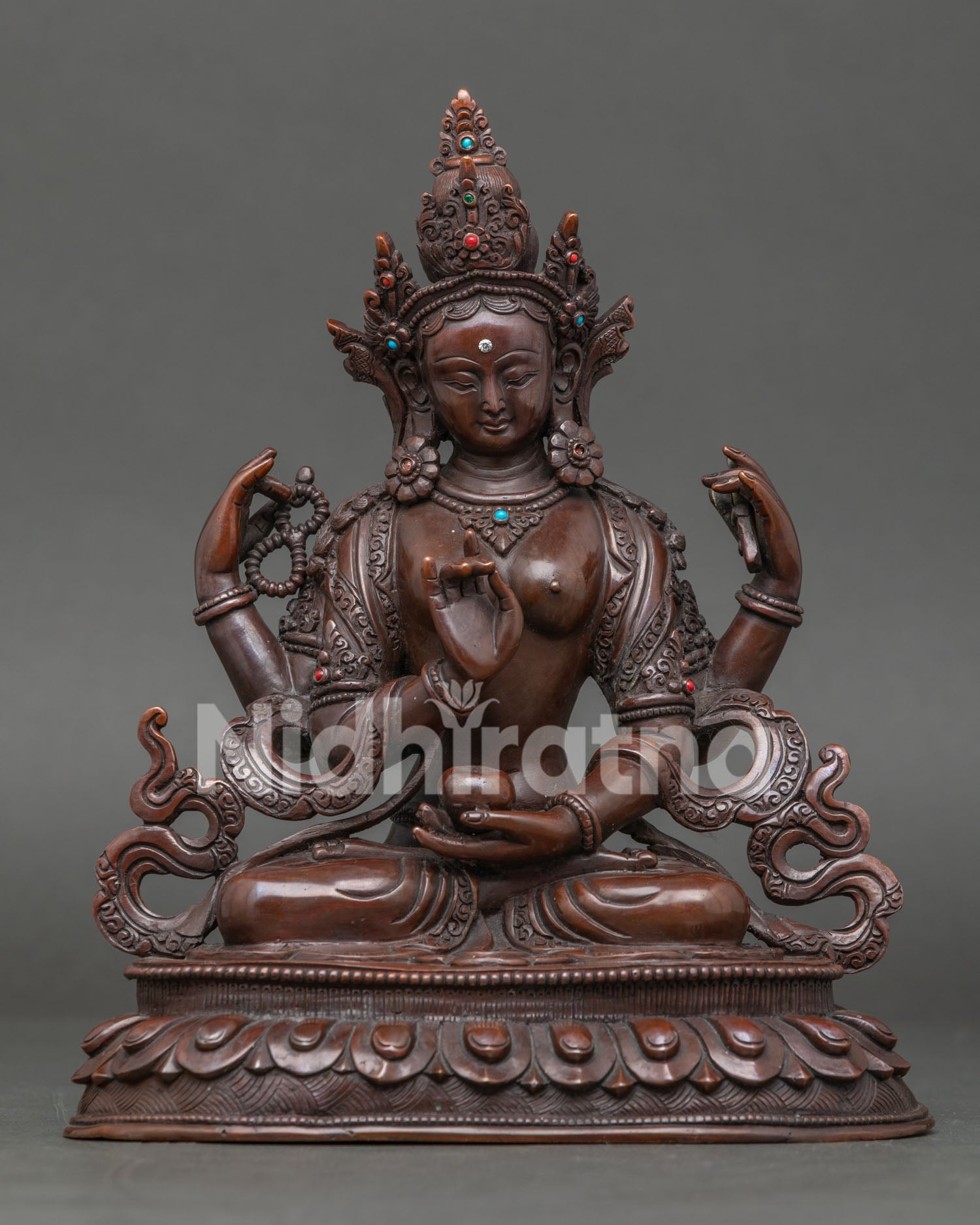 oxidized prajnaparamita statue handcrafted in nepal with copper and semi-precious stones
