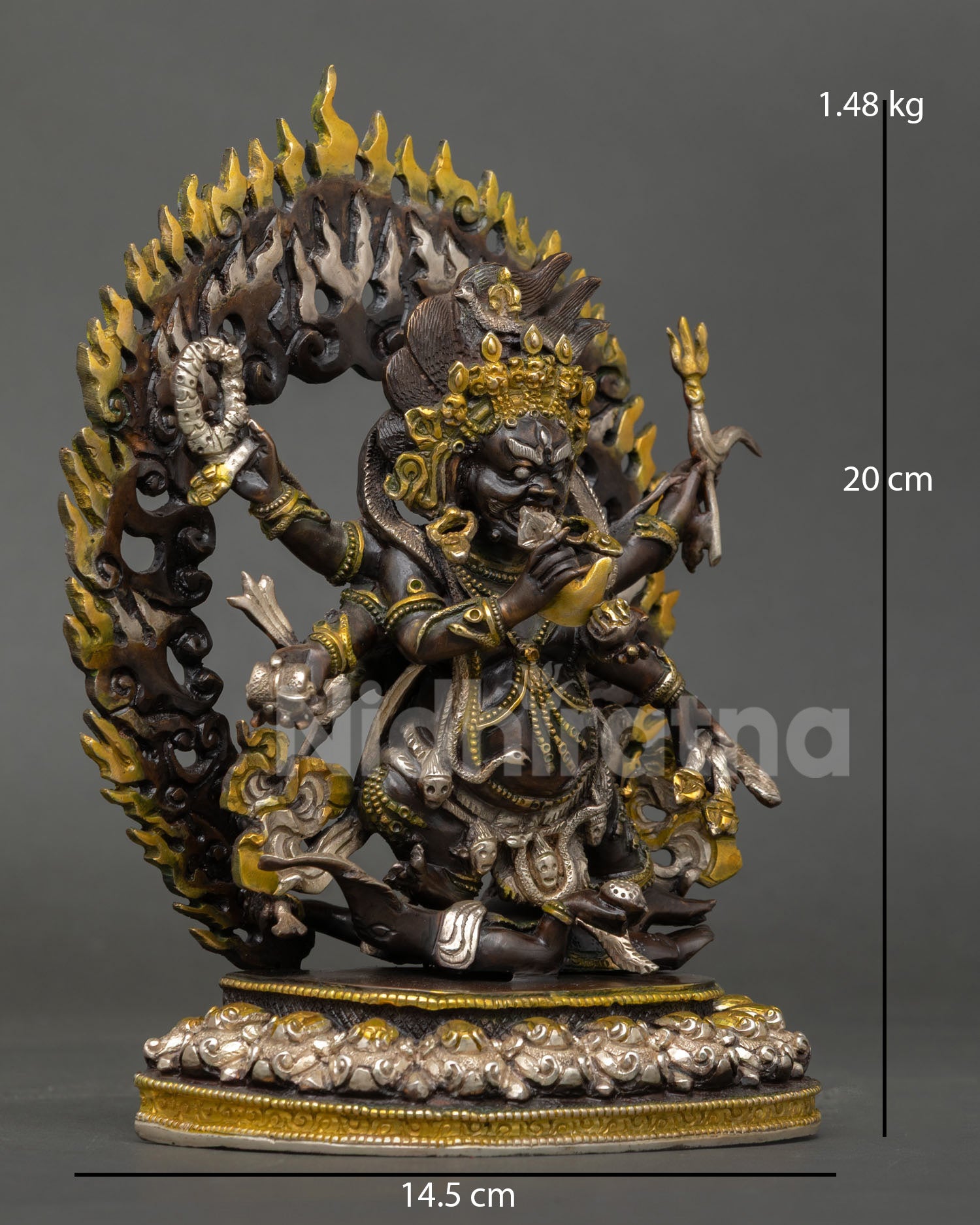 Oxidized six-armed Mahakala statue right side view, copper Buddhist deity figurine Nepal