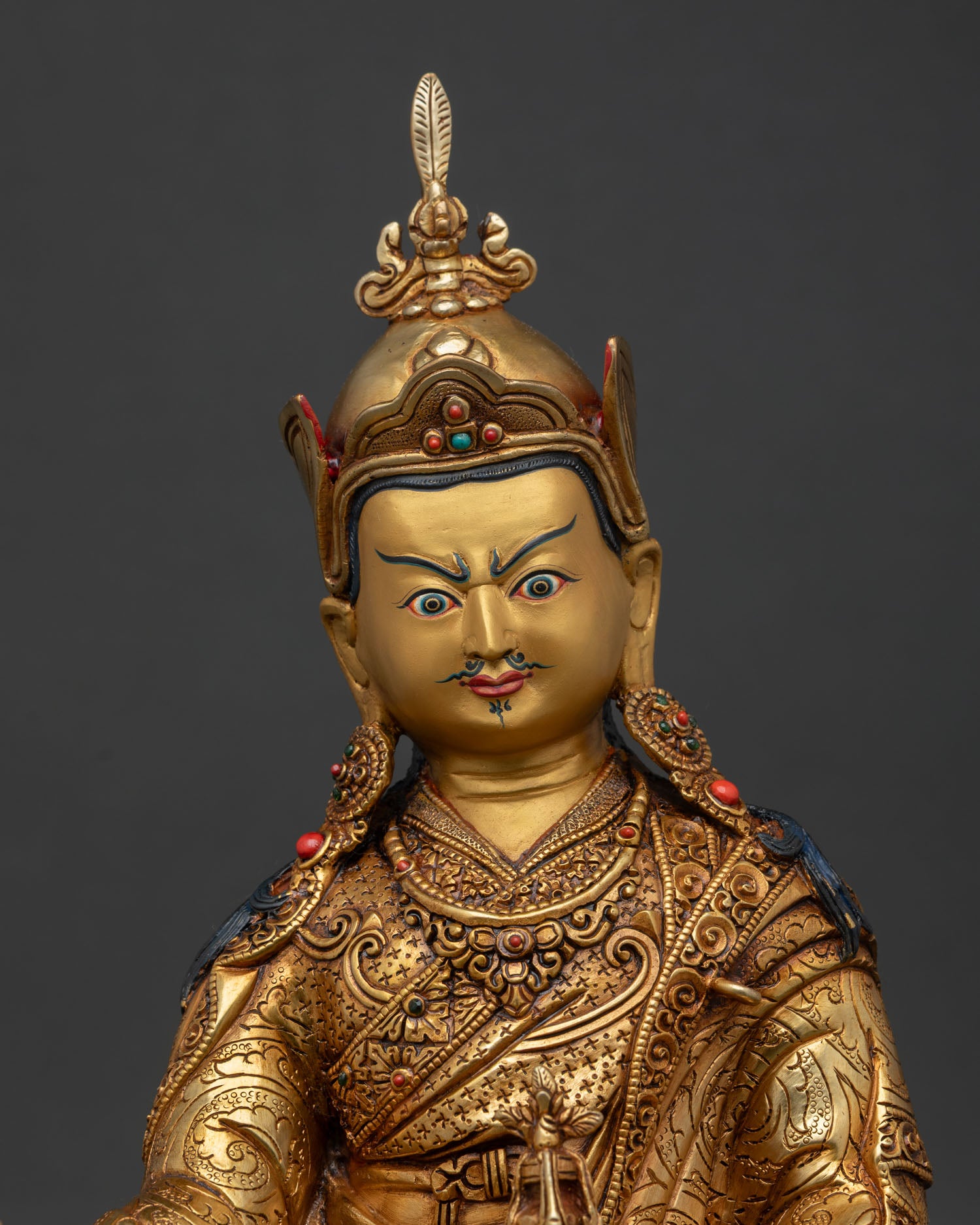 Padmasambhava Copper Statue with Gold Painted Face and Semi Precious Stones