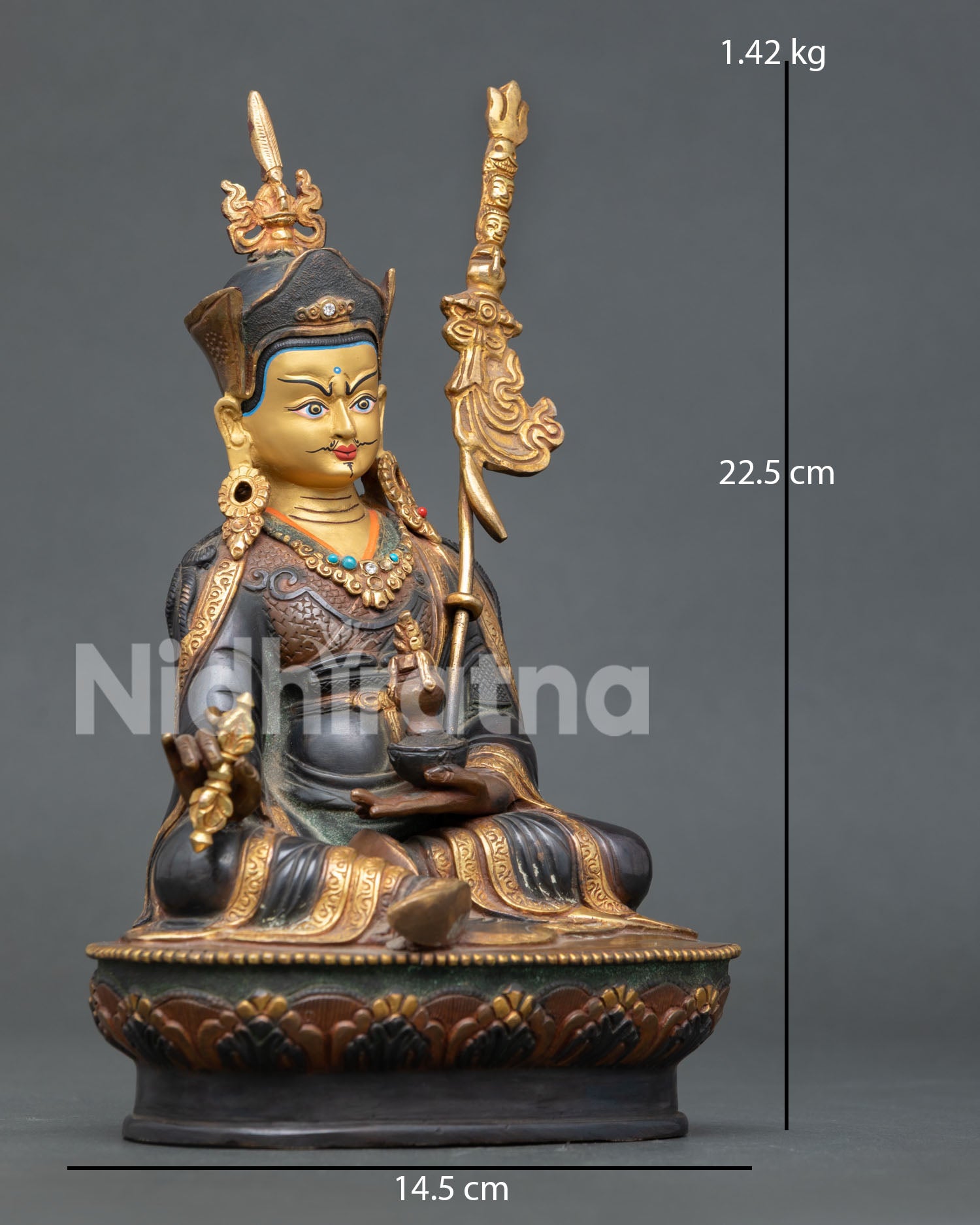 Padmasambhava Guru Rinpoche Statue Holding Vajra and Skull Cup with Trident