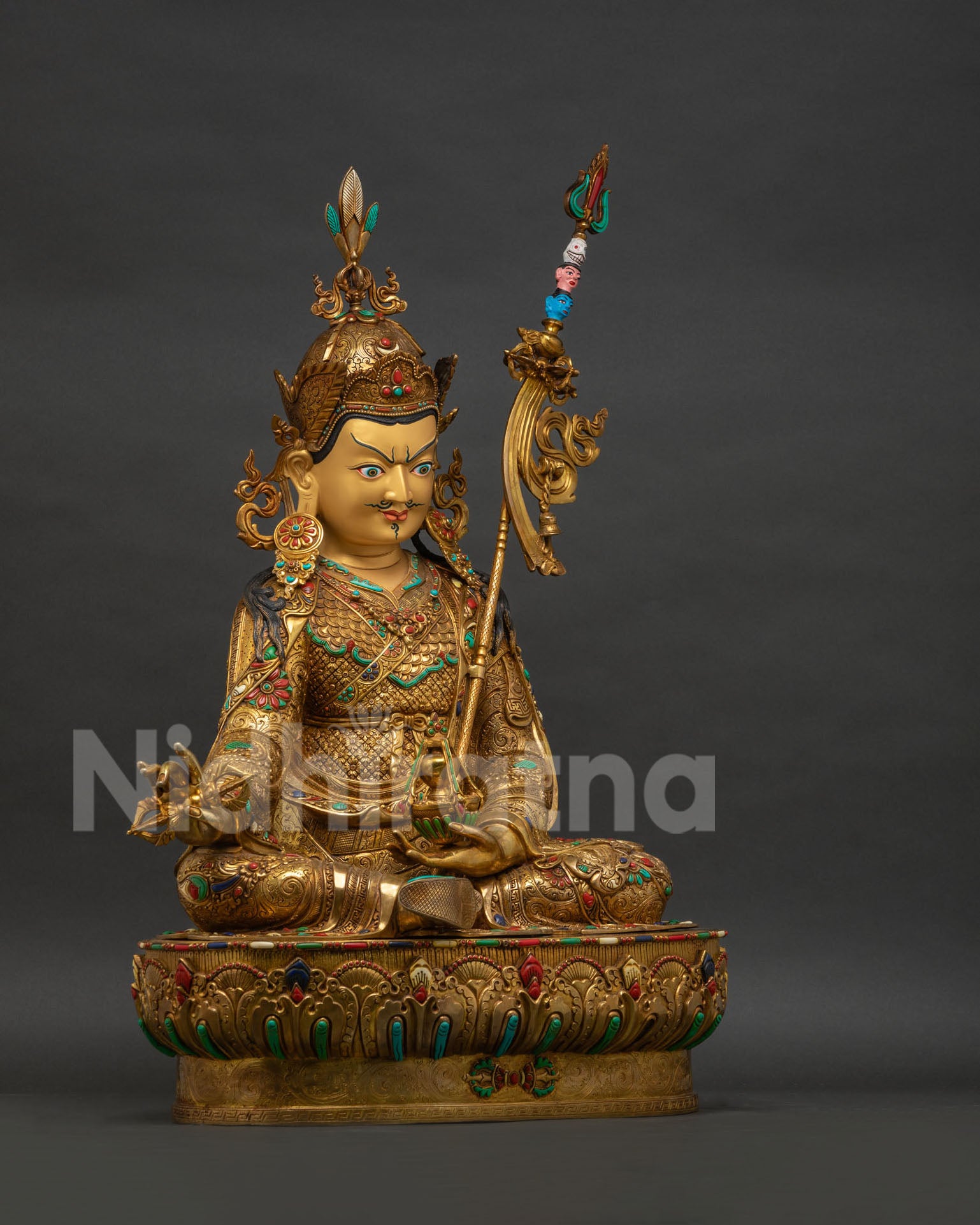 Padmasambhava statue right side view, vajra hand, copper alloy, gold fire-gilding