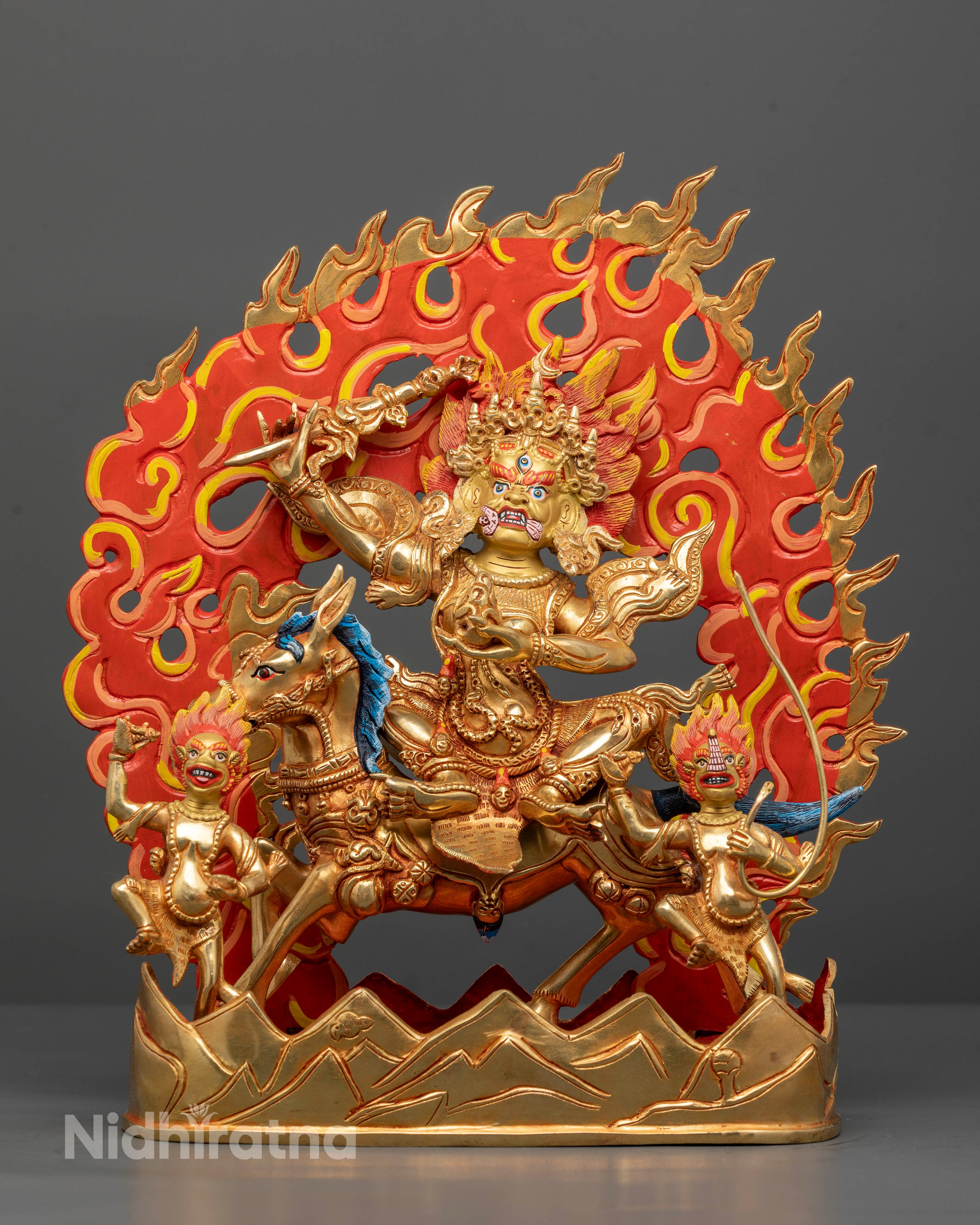 Palden Lhamo seated on a mule with blazing halo, handcrafted in Patan, Nepal