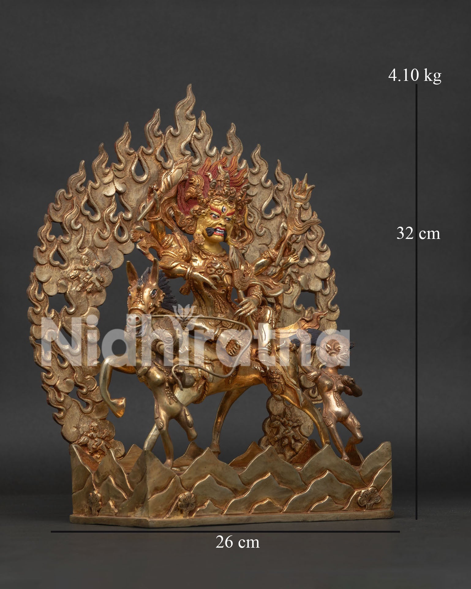 Palden Lhamo wrathful protector statue seated on a mule with 24K gold gilded copper details