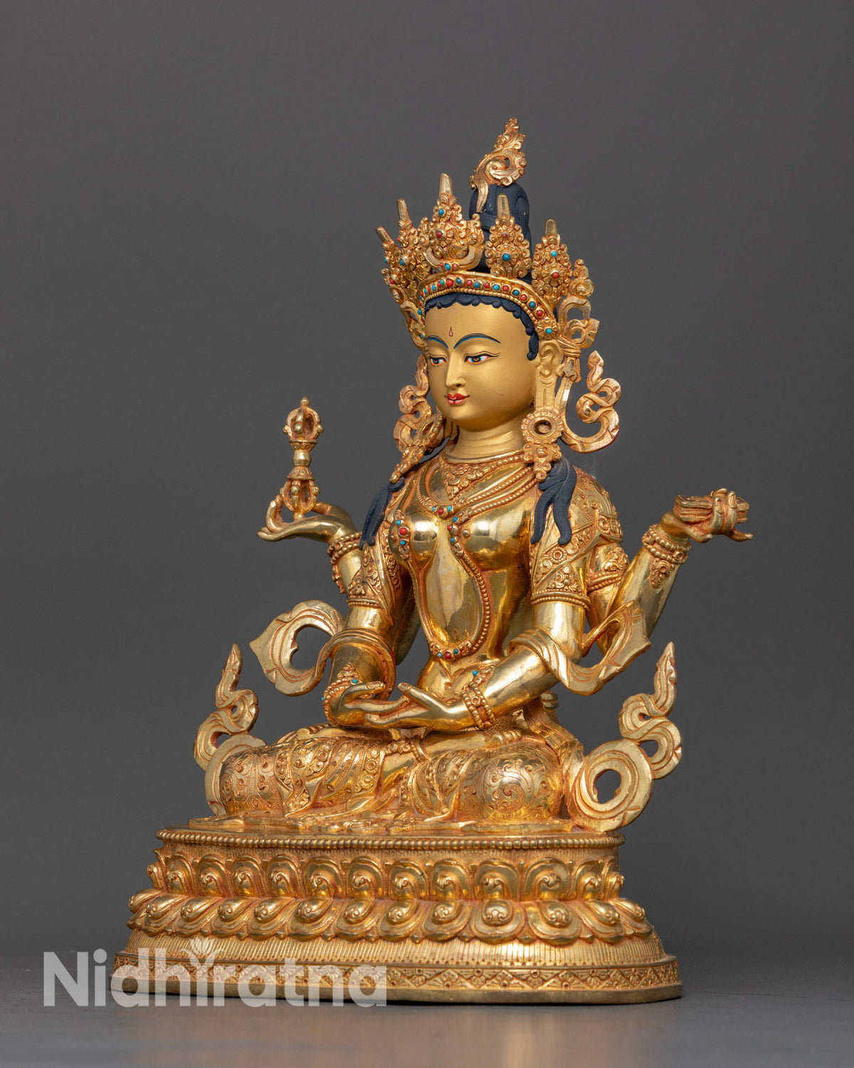 Prajnaparamita Goddess Statue in Dhyana Mudra with Intricate Ornamental Carvings and Traditional Buddhist Art