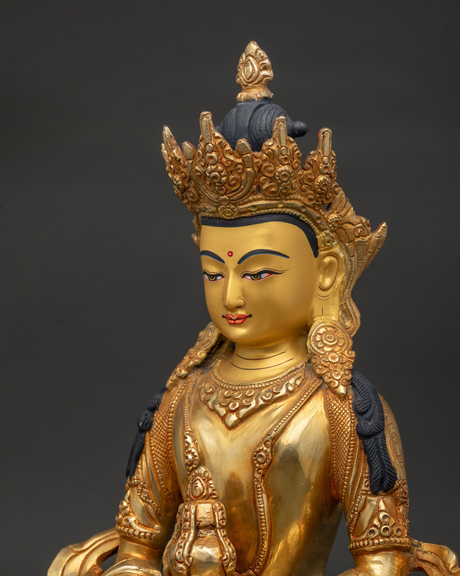 Premium Amitayus Buddha Detailed Side Close Up of Jewelry and Gold Gilded Details.